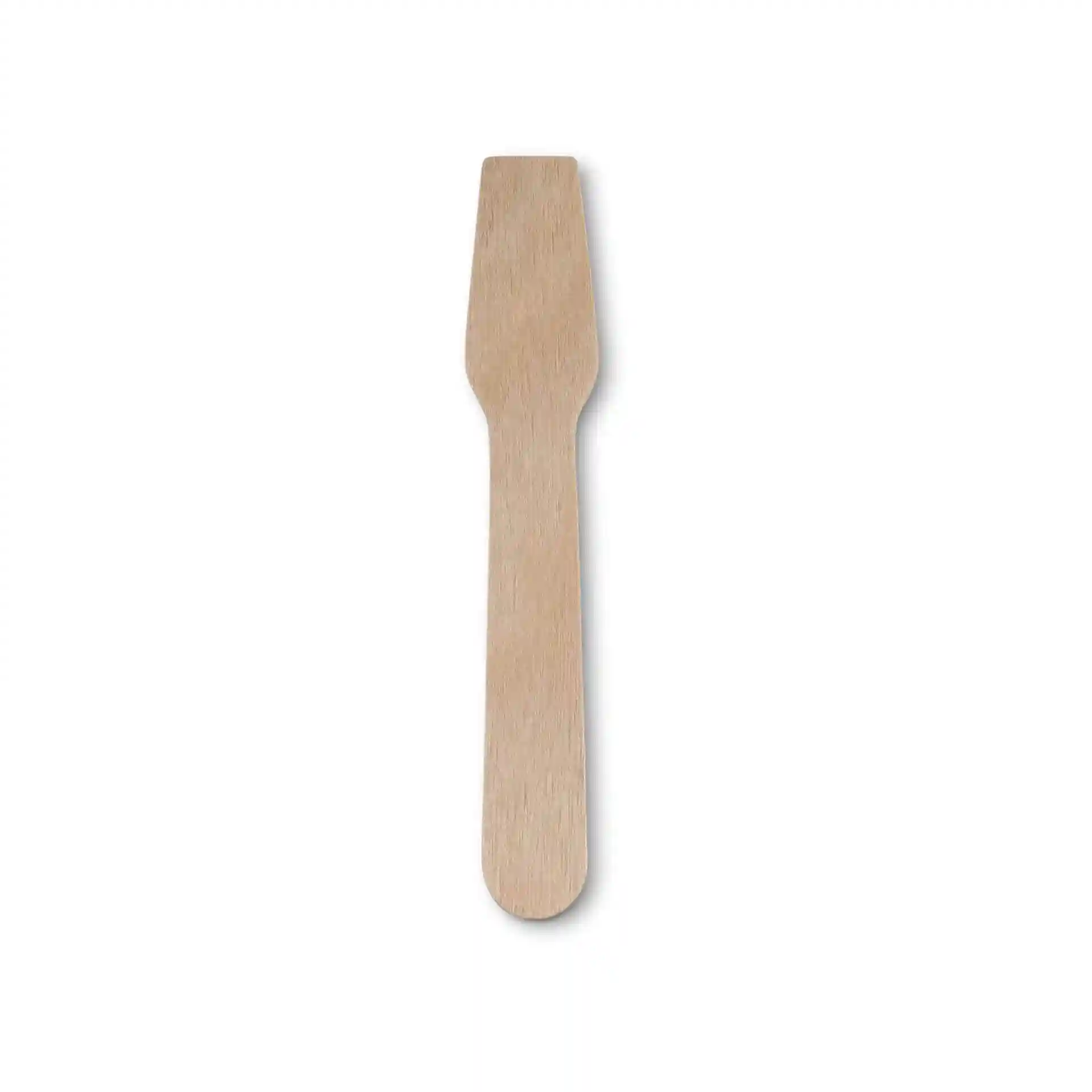 Holzlöffel für Eis, 9,6 cm lang, braune Farbe, aus Holz, mit flachem Ende und abgerundetem Griff.