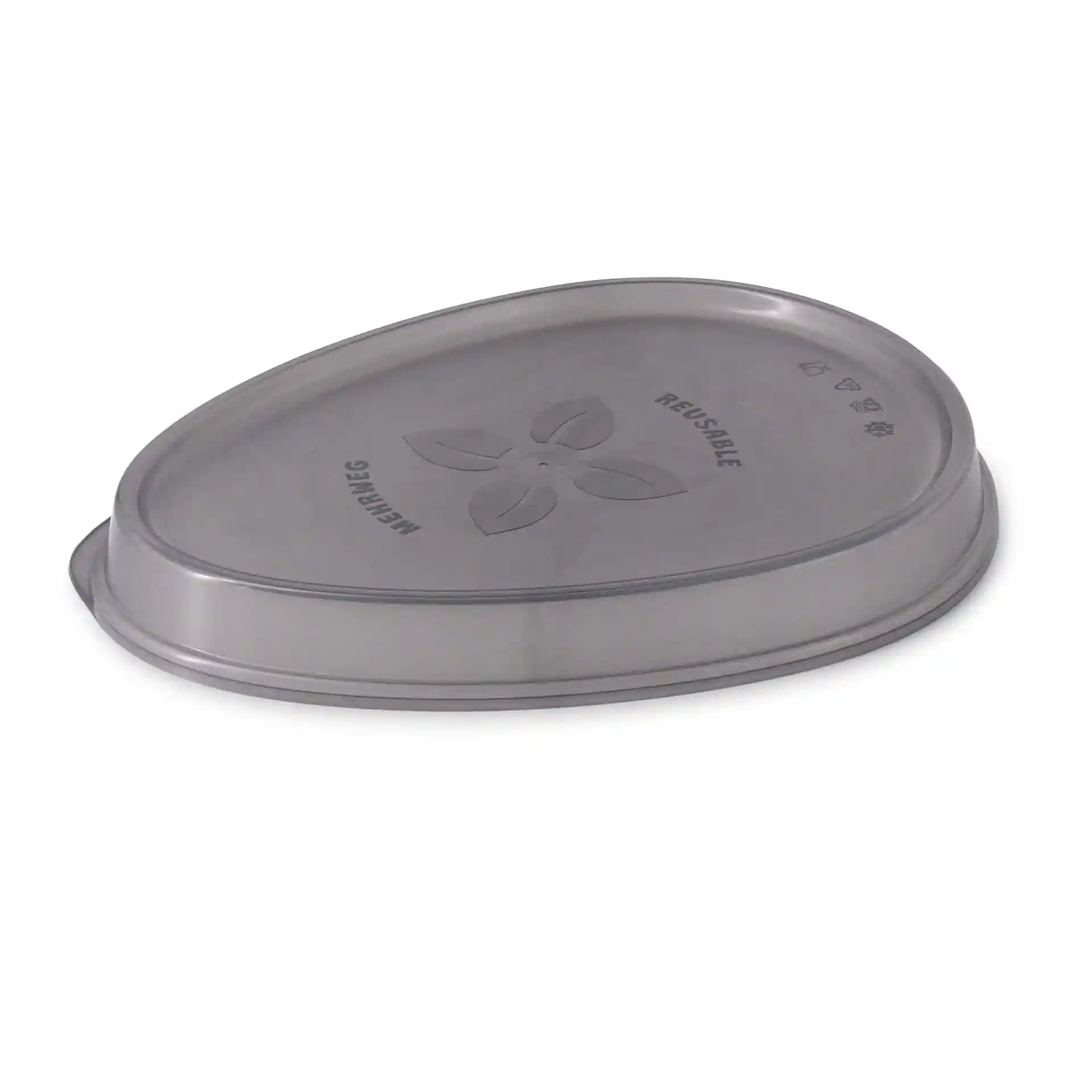 Grey oval reusable lid made of PP, measuring 27.5 x 20 cm, with a smooth surface and embossed leaf design.