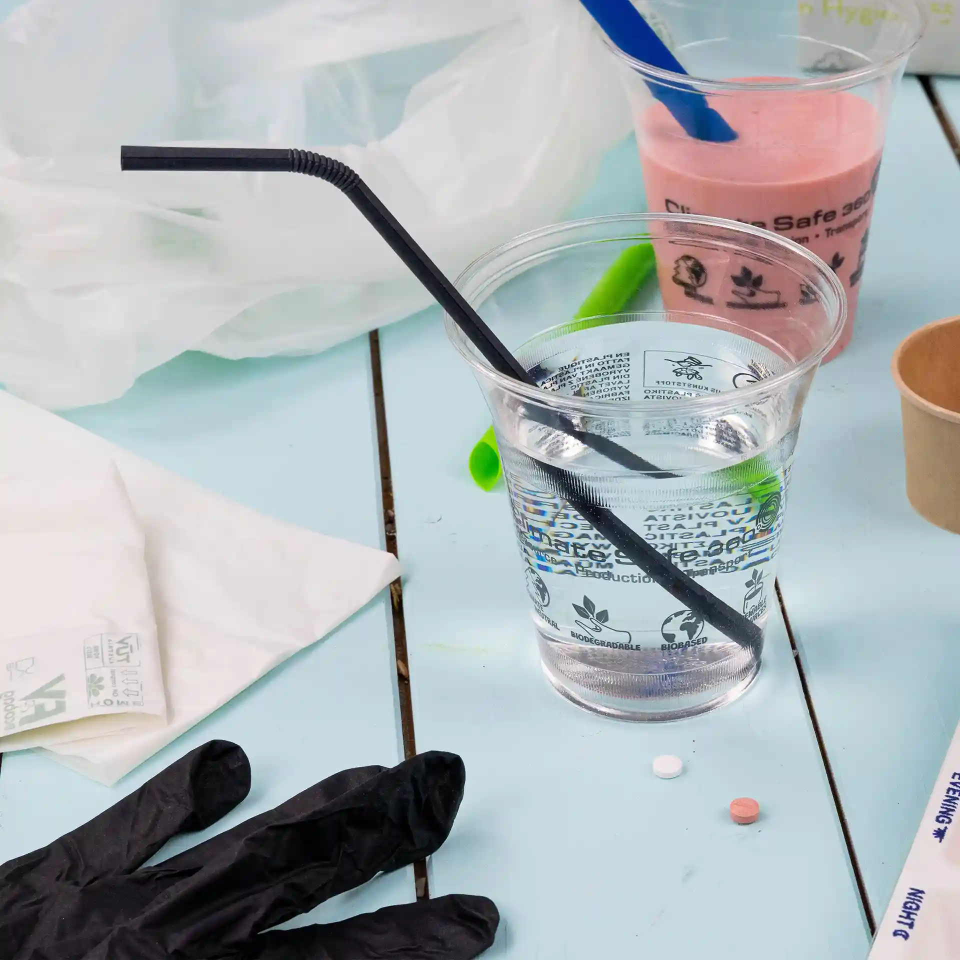 Black flexible paper straw in a clear cup of water, with a black glove and various items on a light blue surface.