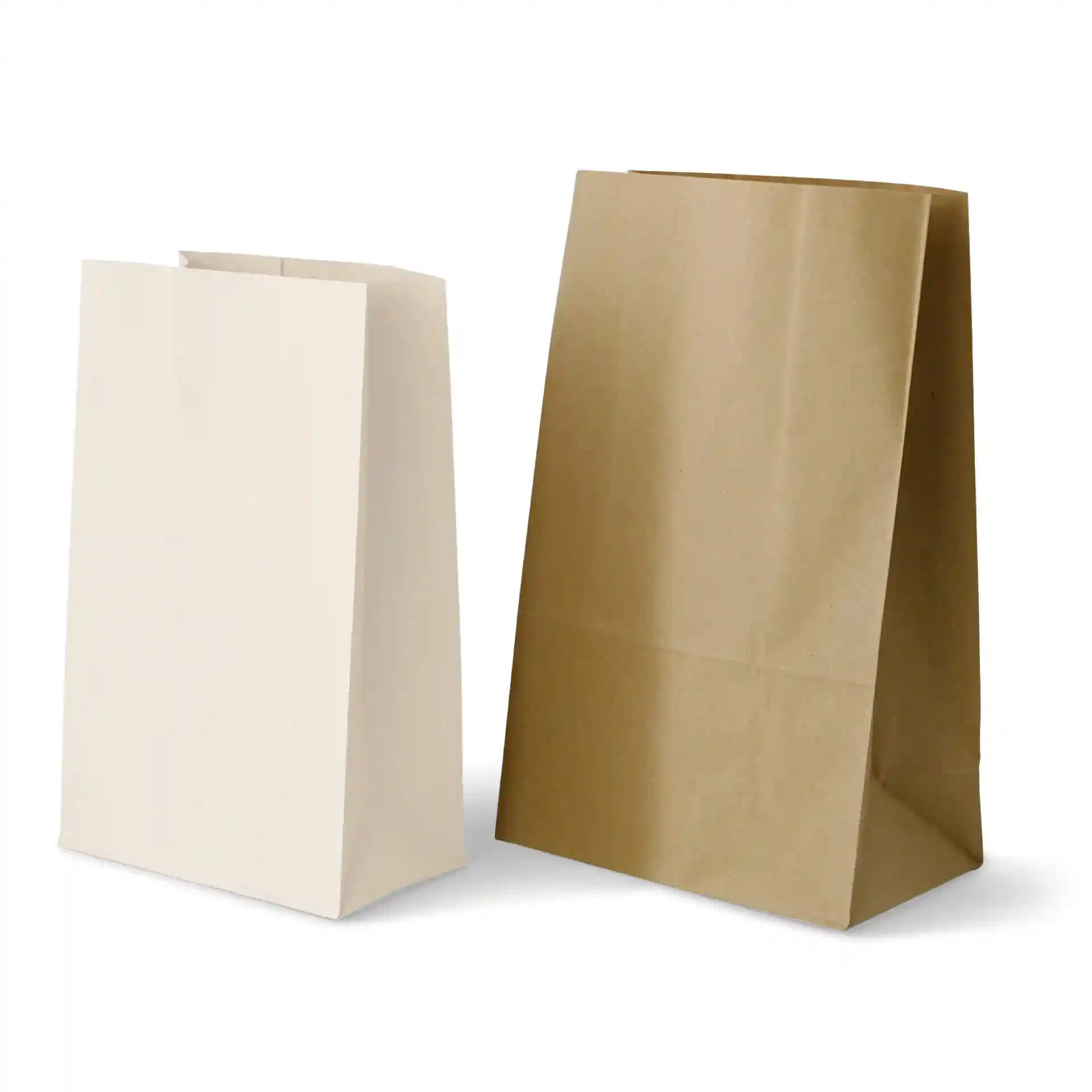 Two rectangular shopping bags, one white and one brown, displayed side by side on a plain background.