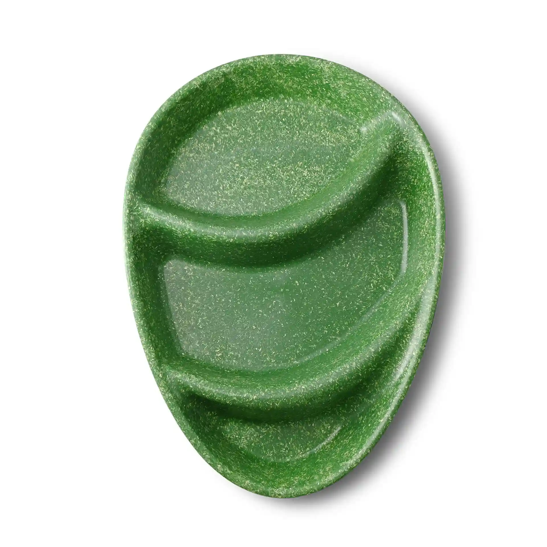 Green reusable plate with three compartments, teardrop shape, made from bio compound material.