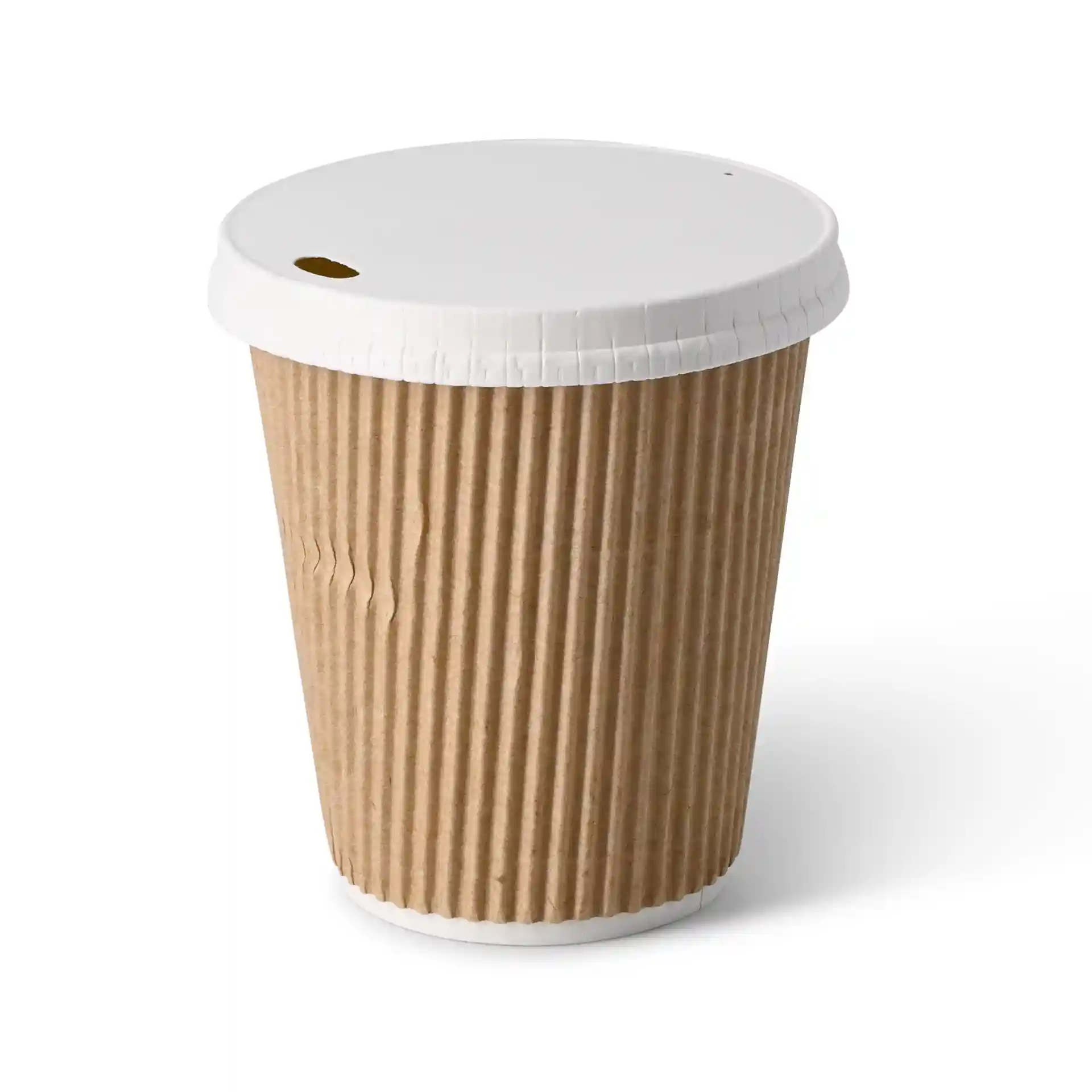 Brown ripple coffee cup with a white lid, 10 oz capacity, round shape, and coated cardboard material.
