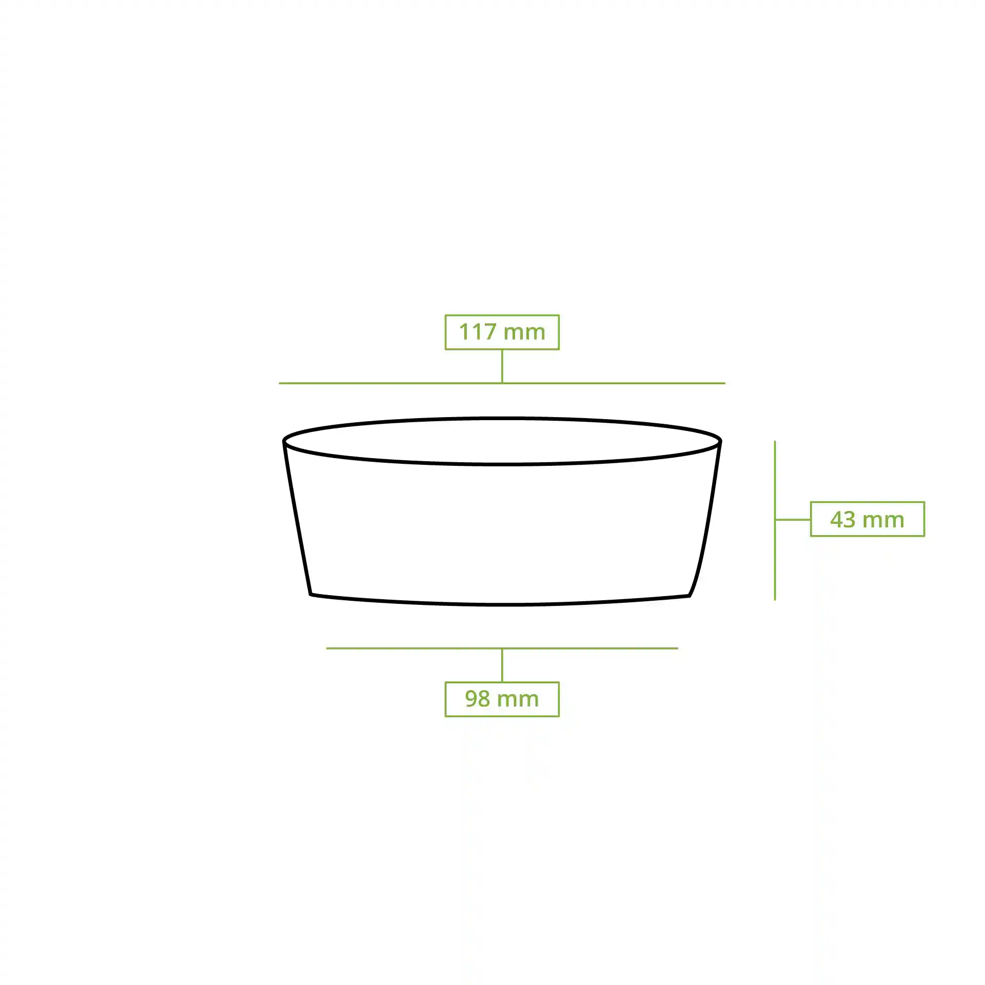 Schematic drawing of a round deli container with dimensions: 117 mm diameter, 43 mm height, and 98 mm bottom diameter.