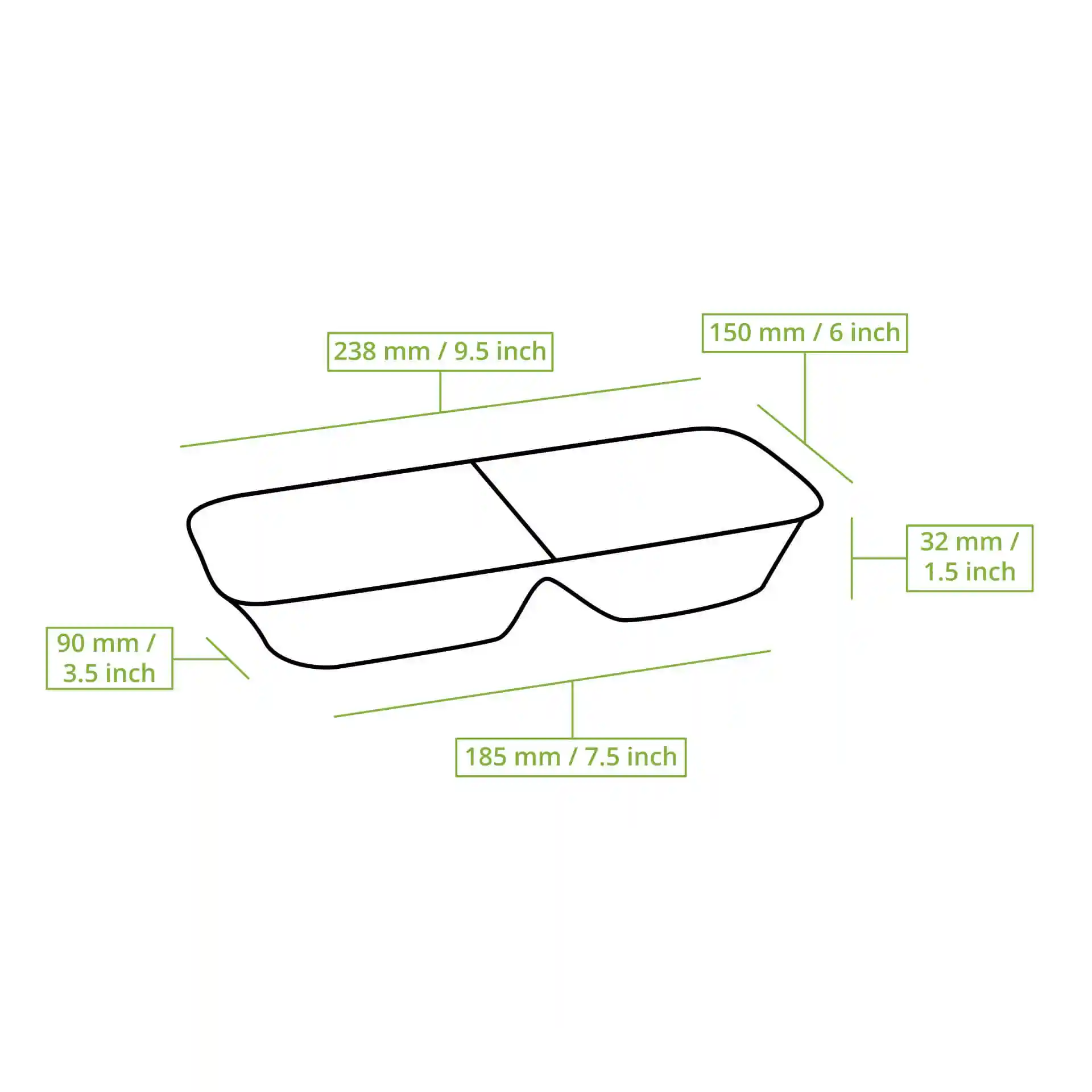 Schematic drawing of a rectangular palm leaf dinner plate with two compartments and dimension lines.