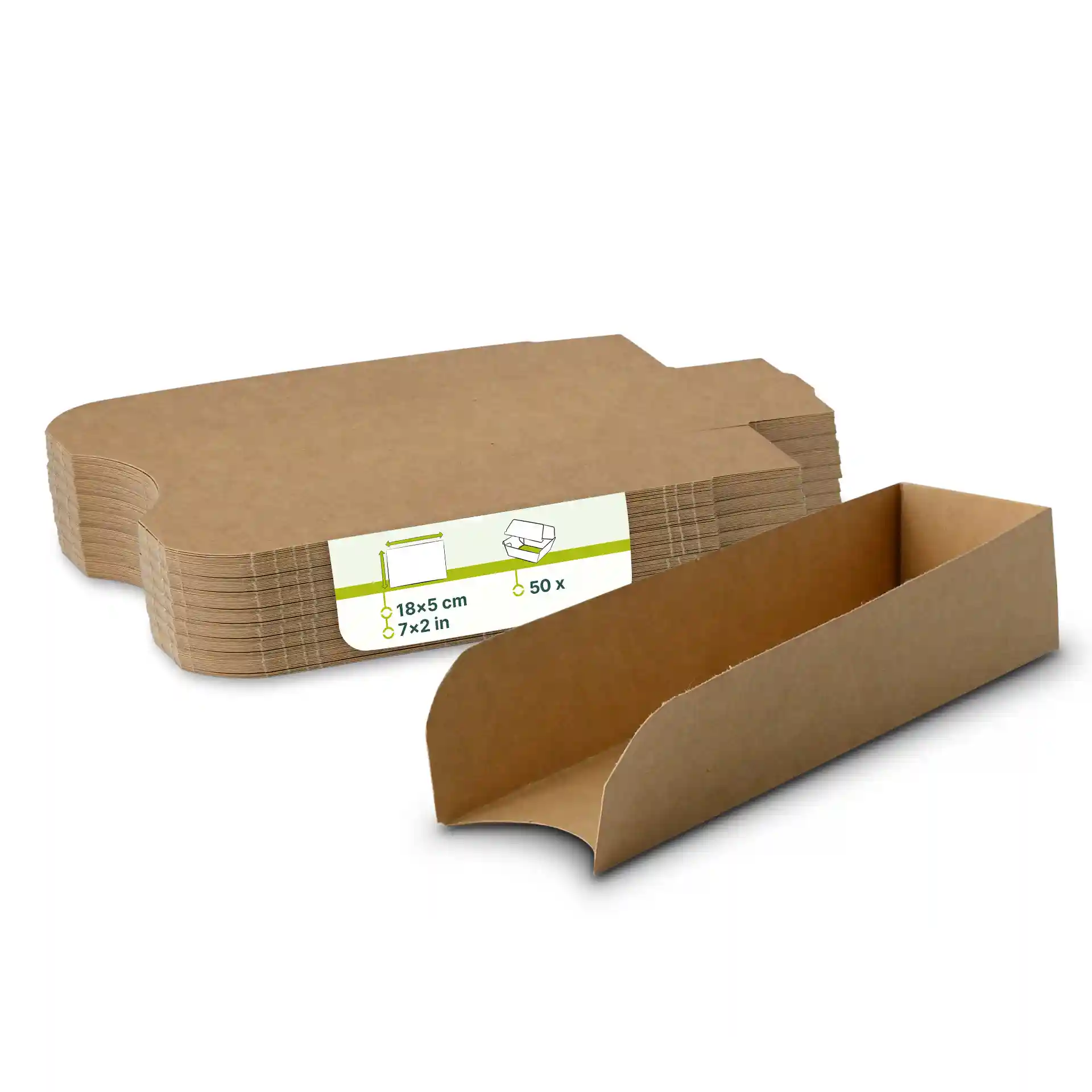 Braune Kraftpappe Hot-Dog-Trays, faltbar, rechteckige Form, Maße 18 x 5 cm, mit mehreren gestapelten Trays.