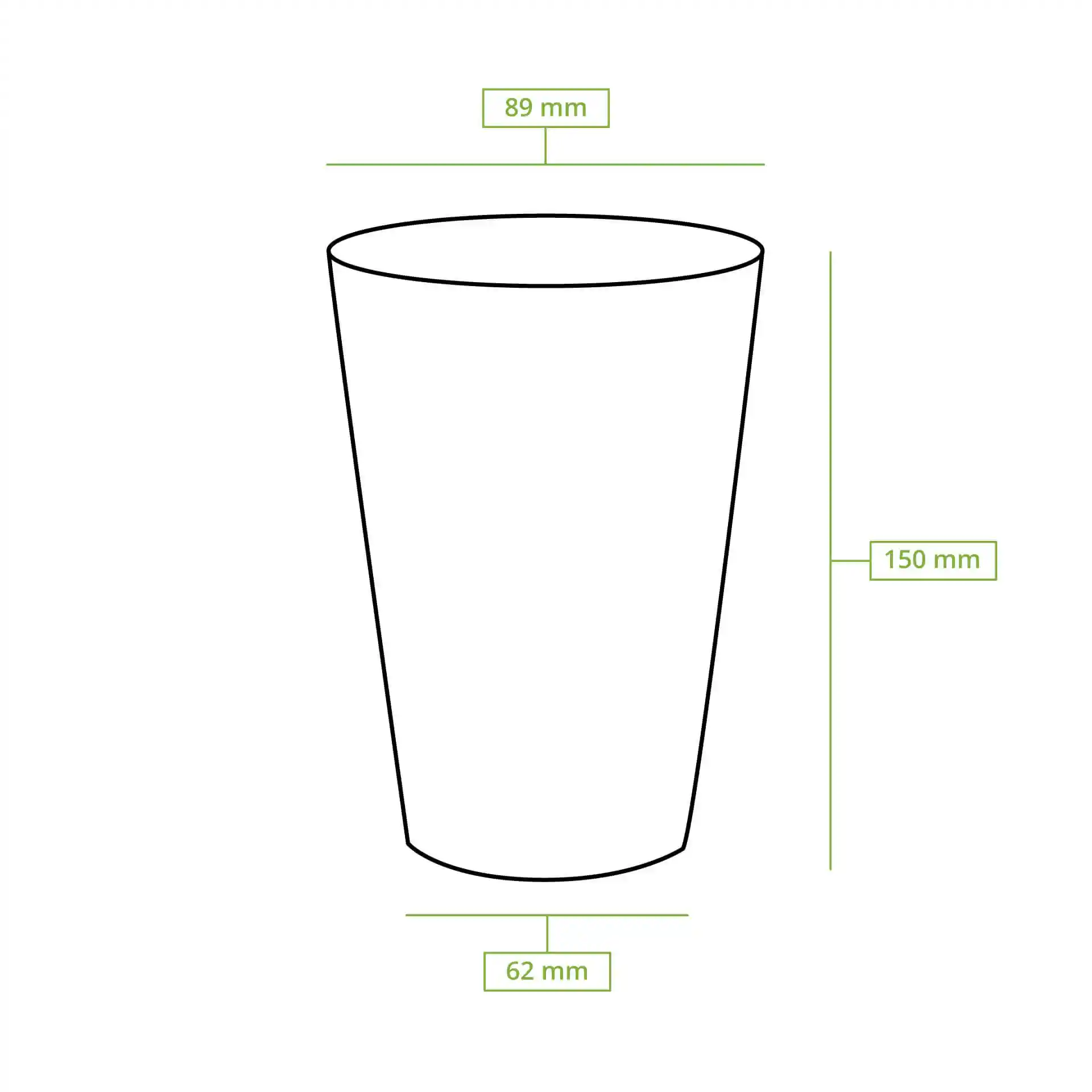 Schematic drawing of a round paper cup with dimensions: height 150 mm, top diameter 90 mm, bottom diameter 60 mm.