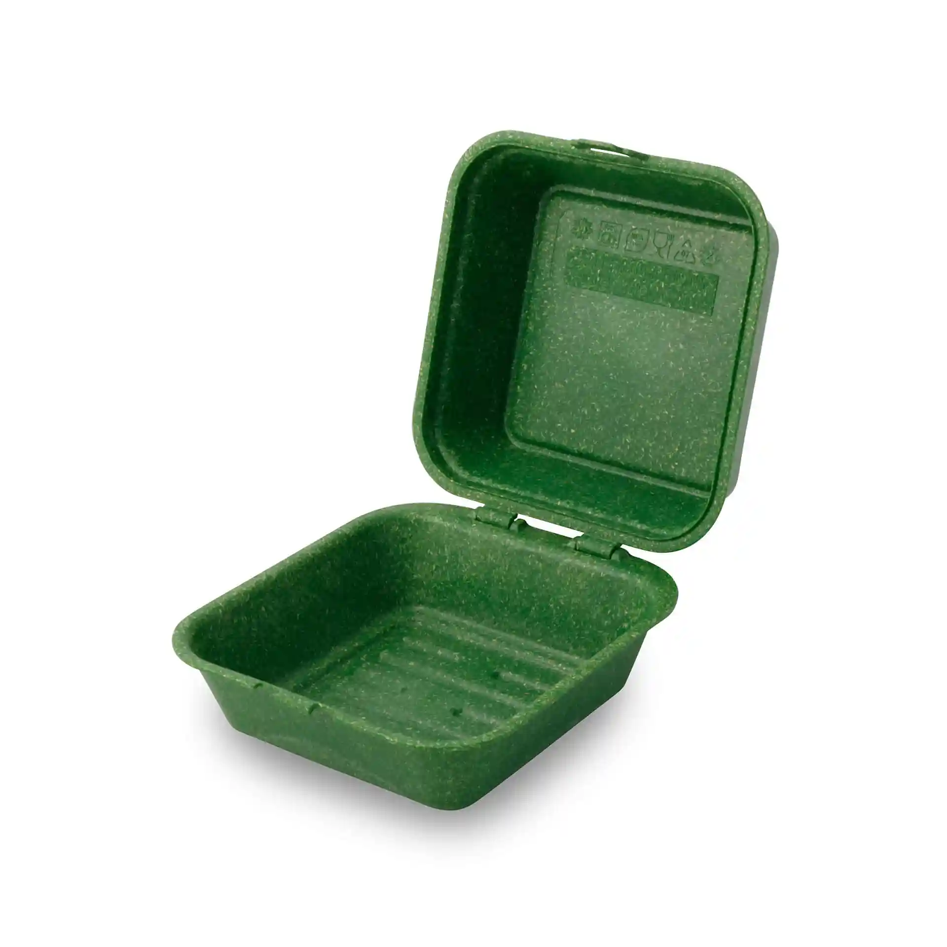 Offene grüne wiederverwendbare Burgerbox in quadratischer Form, aus biobasiertem Material, mit Innenrippen.