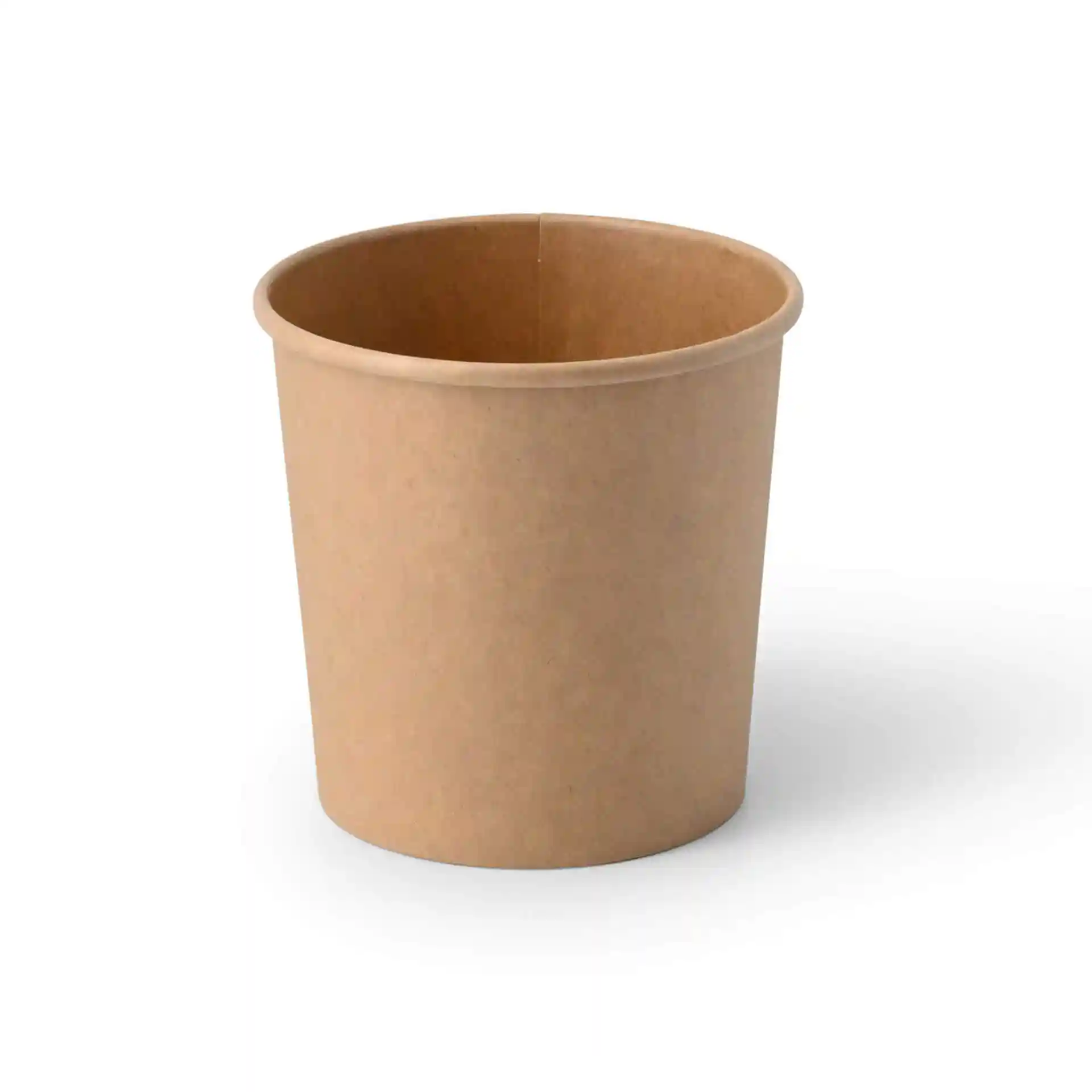 Brauner Papiereisbecher mit runder Form, 90 mm Höhe und 92 mm Durchmesser.