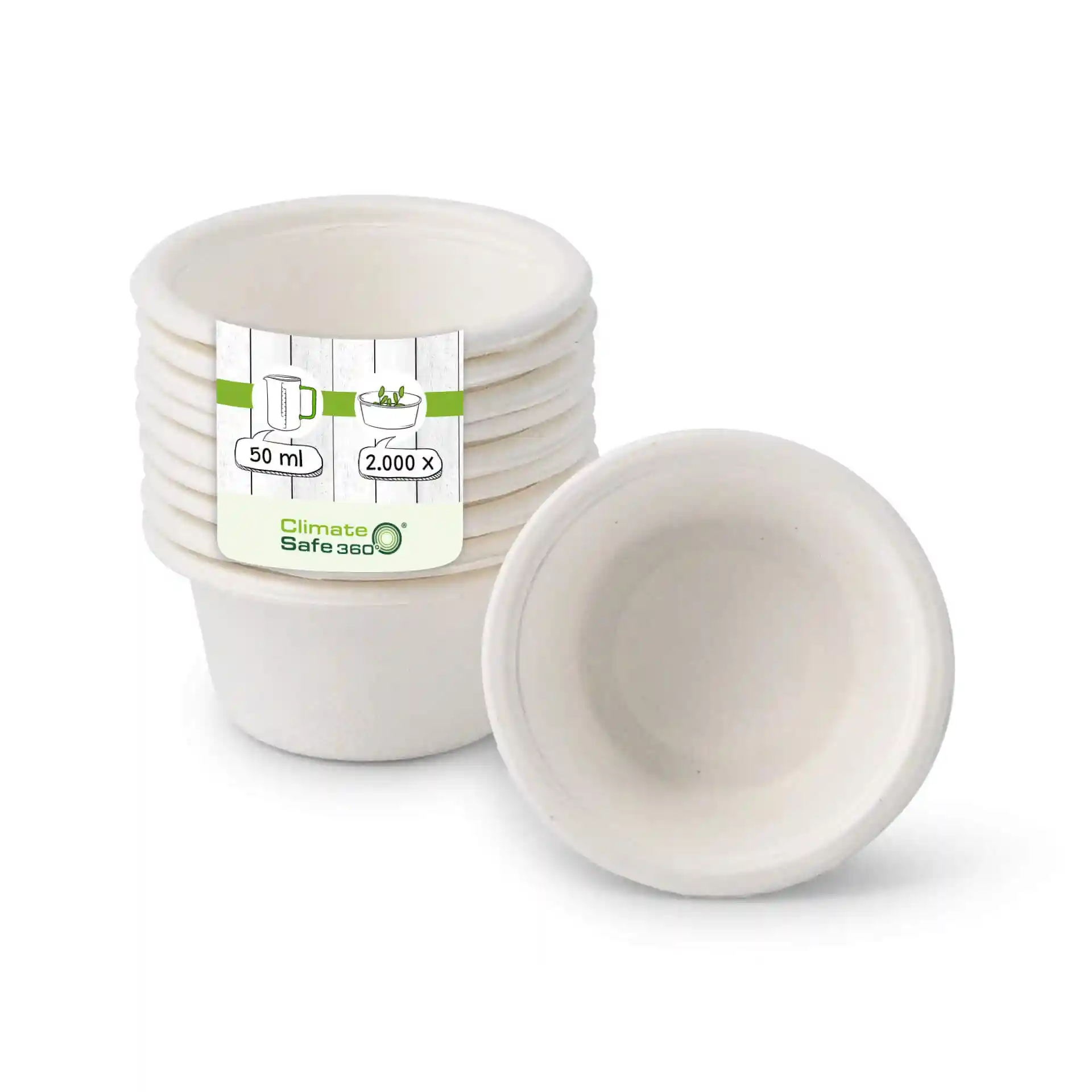 Stapel runder Bagasse-Becher, jeder mit einem Fassungsvermögen von 50 ml und einem Durchmesser von 62 mm, auf weißem Hintergrund.