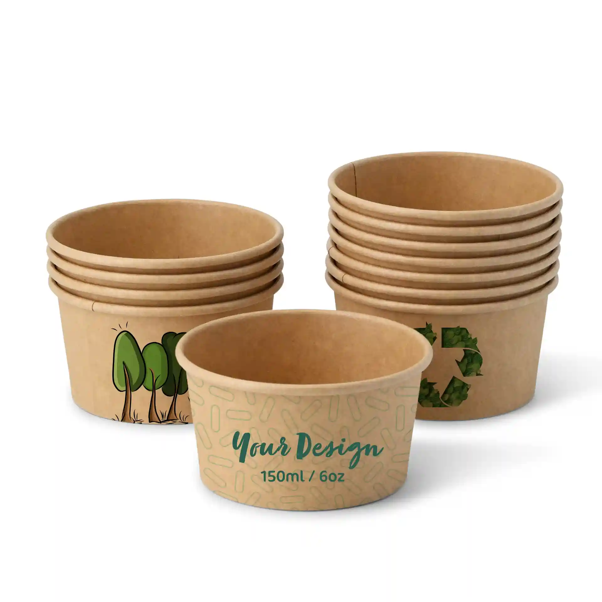 Braune Pappbecher für Eis, gestapelt, mit einem Design von Bäumen und einem Recyclingsymbol auf einem Becher.