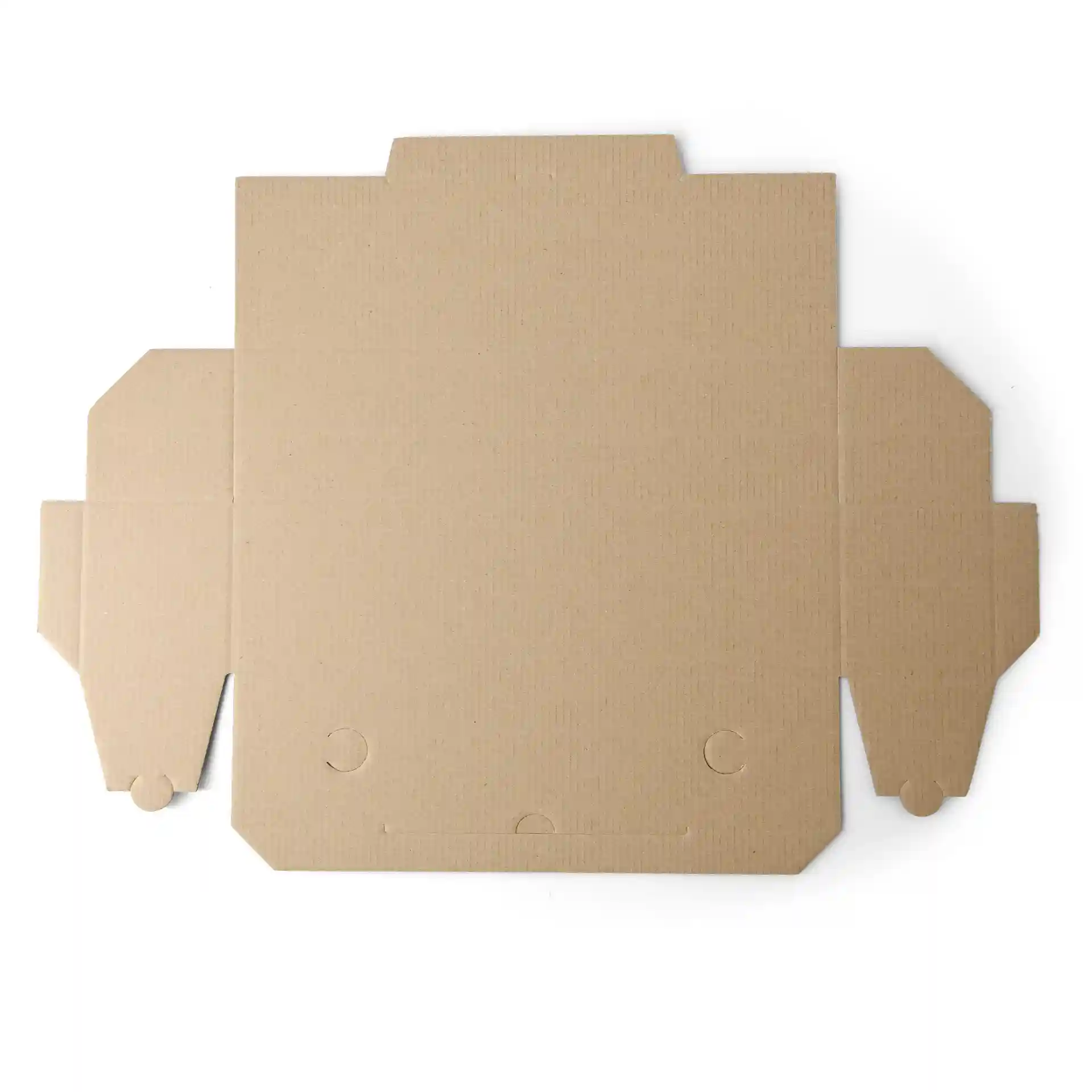 Braune Pizzaschachtel mit flachem Design, 7 x 8 x 28 cm, von oben gezeigt.