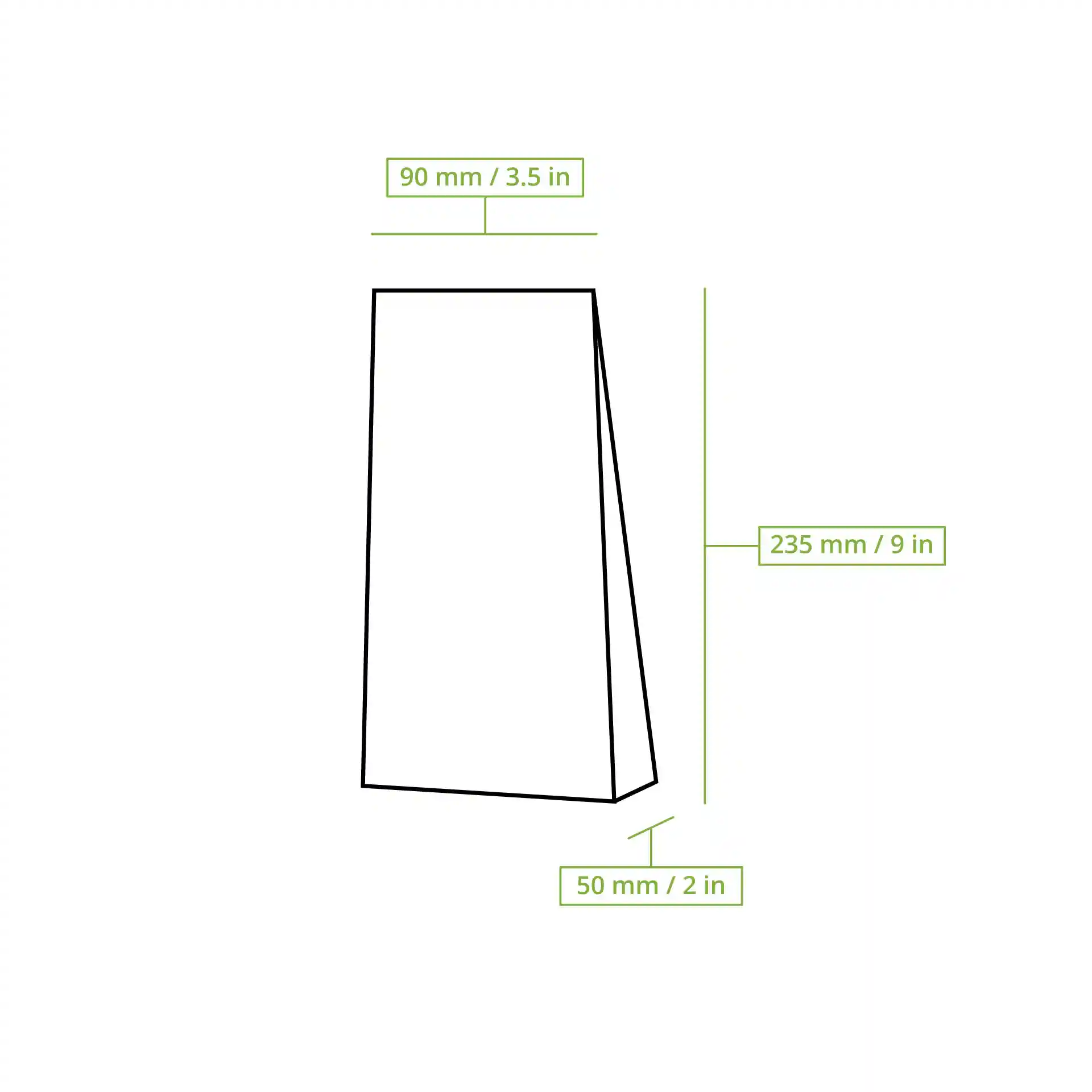 Schematic drawing of a block bottom bag with dimensions labeled: 90 mm width, 50 mm depth, and 235 mm height.