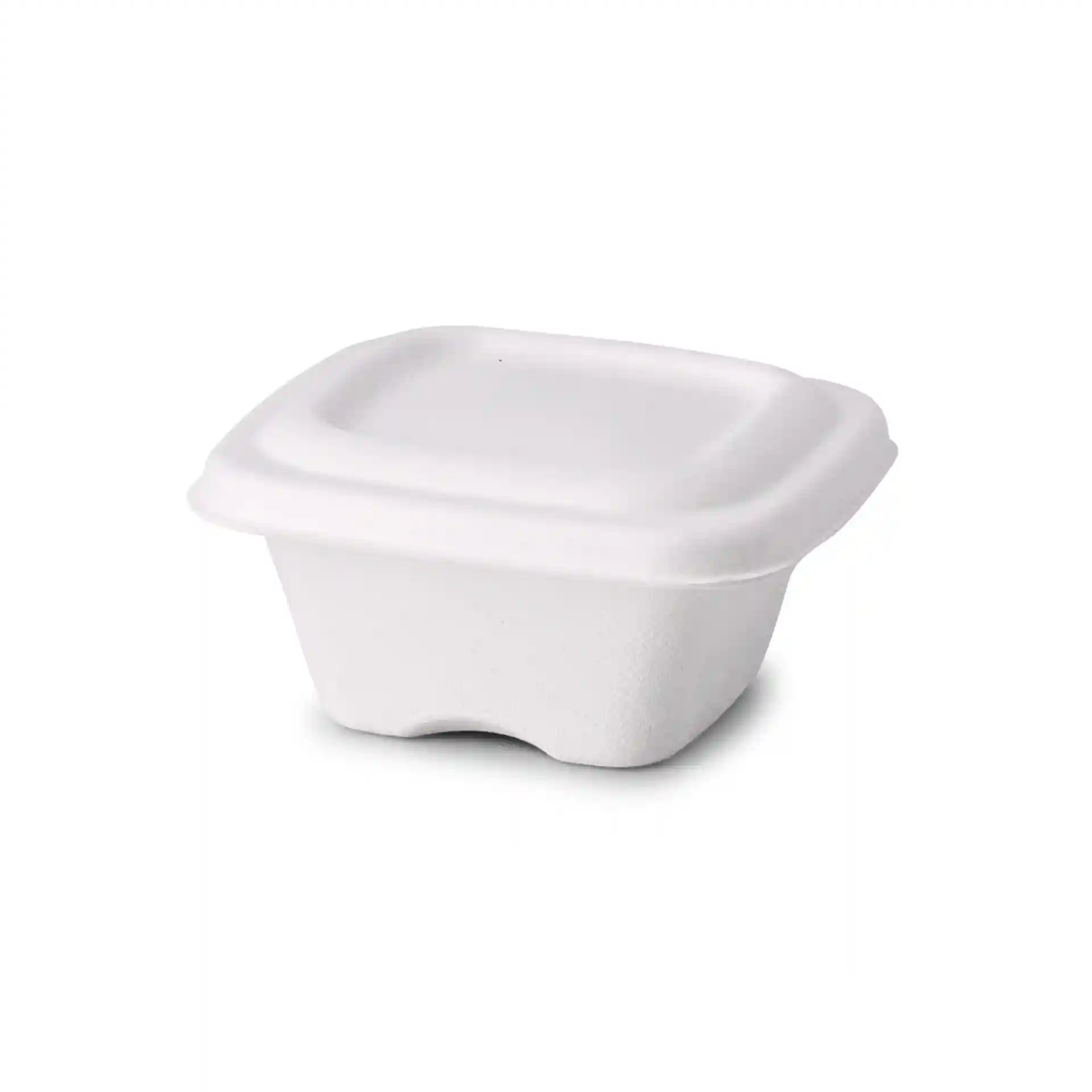 White square bagasse portion cup with a lid, measuring 81 x 81 x 37 mm, made from sugar cane.