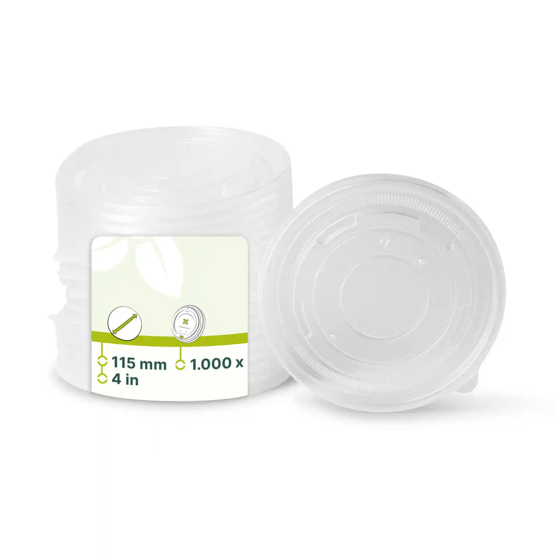Transparent round polypropylene flat lids with a diameter of 115 mm, stacked with one visible on top.
