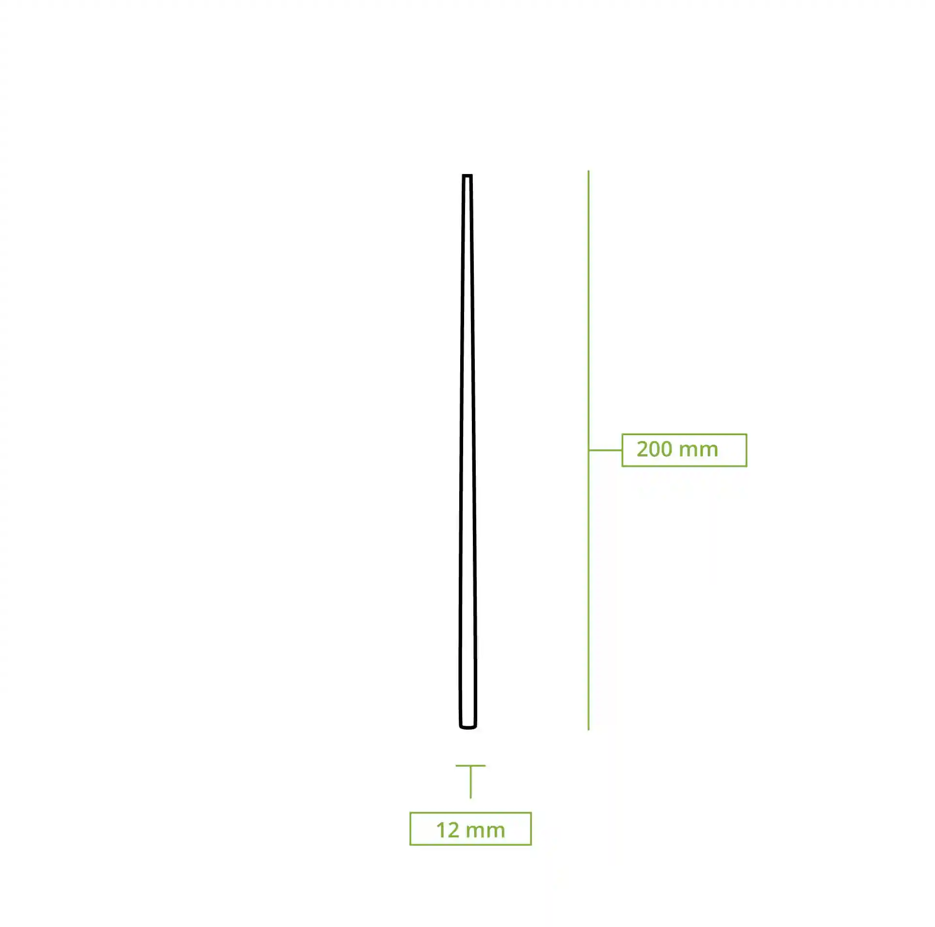 Schematic drawing of bamboo chopsticks, 200 mm long and 12 mm wide, with dimension lines.