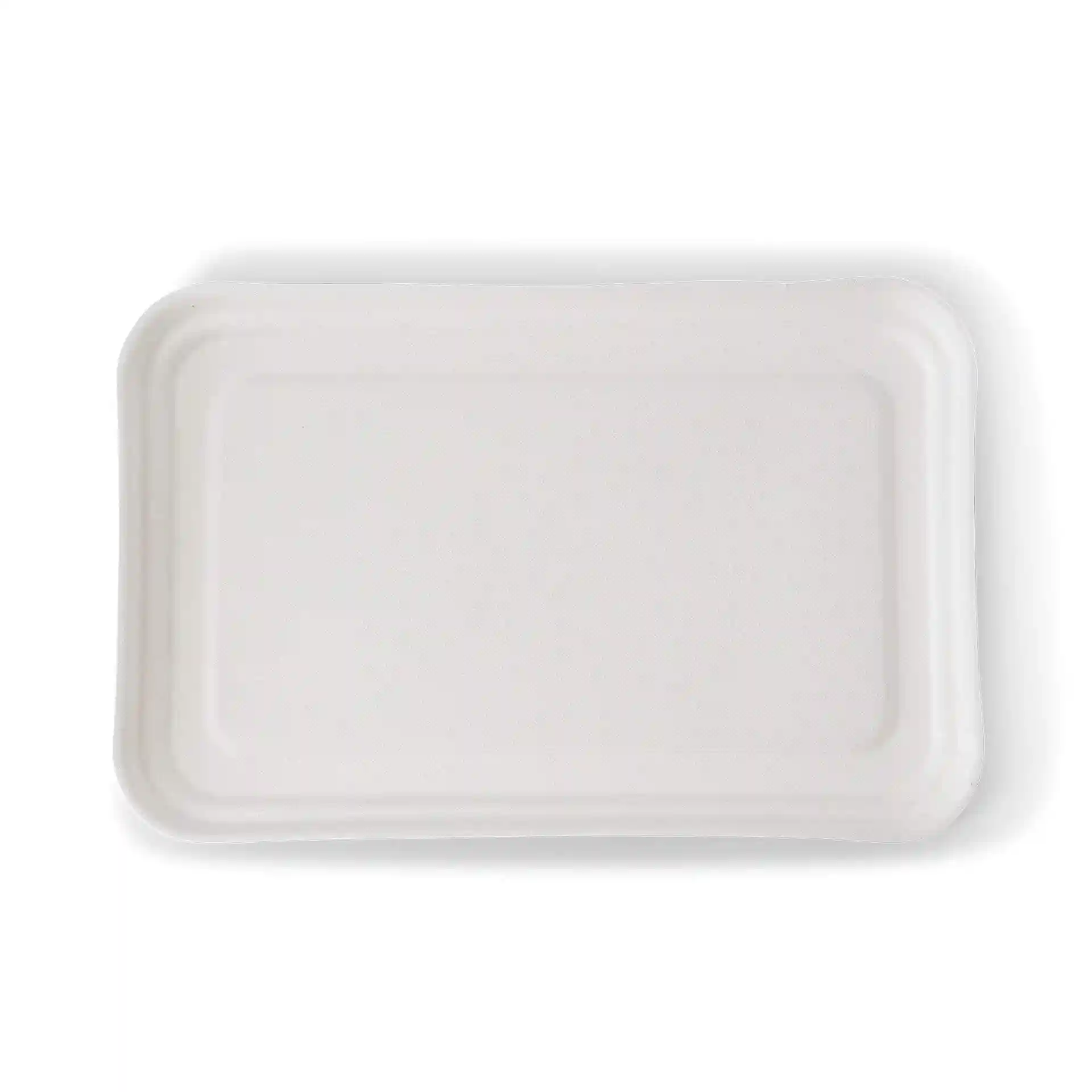 Rectangular white sugarcane tray measuring 23 x 14.5 cm, designed for menu trays, with no coating.