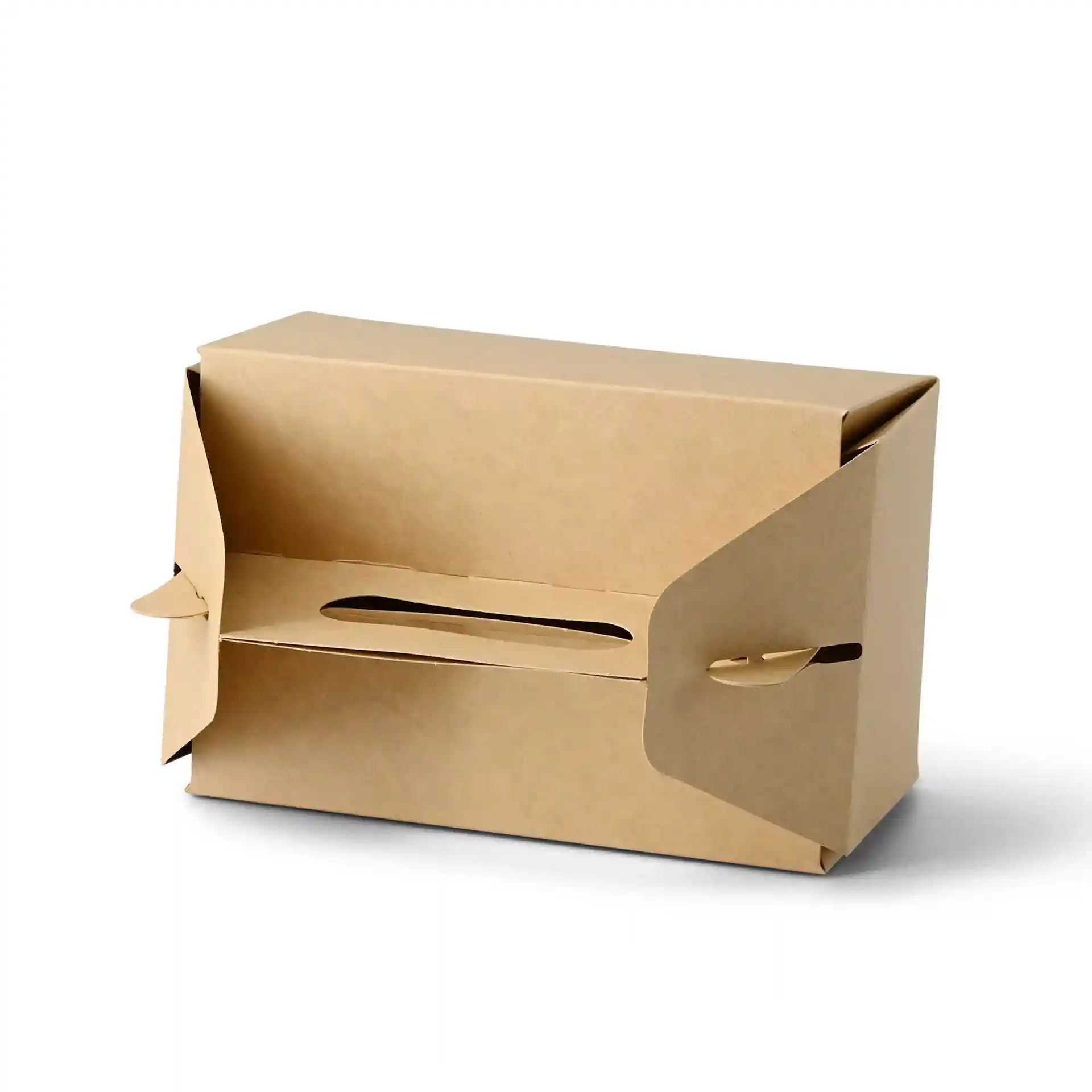 Brown rectangular cardboard pastry box with handle, measuring 18 x 11 x 9 cm, foldable design.