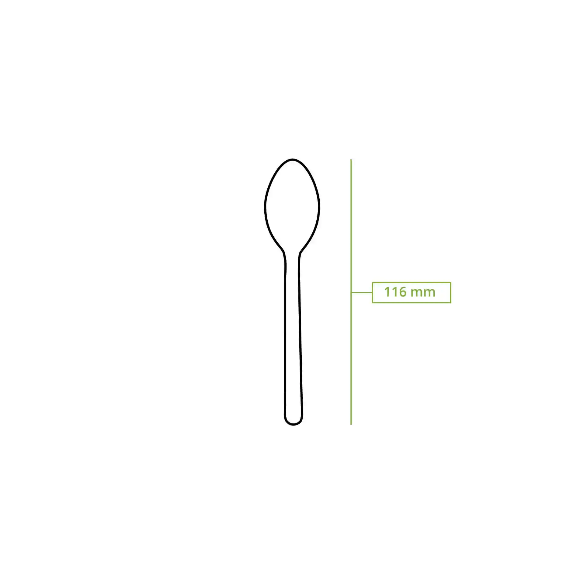 Schematic drawing of a brown paper teaspoon, measuring 116 mm in length, with a vertical dimension line.