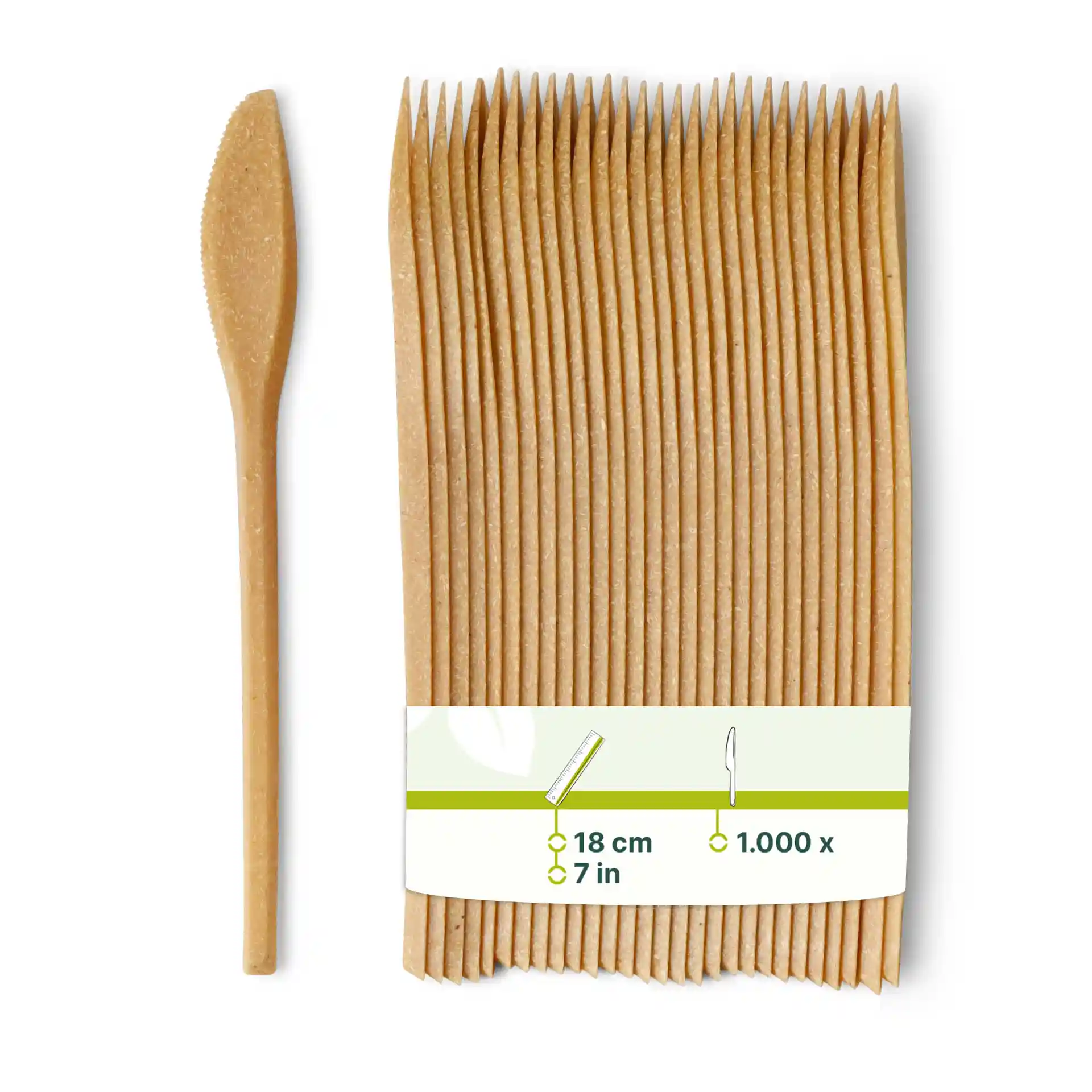 Brown reusable knives made from bio compound, measuring 18 cm, arranged in a stack with one knife displayed.