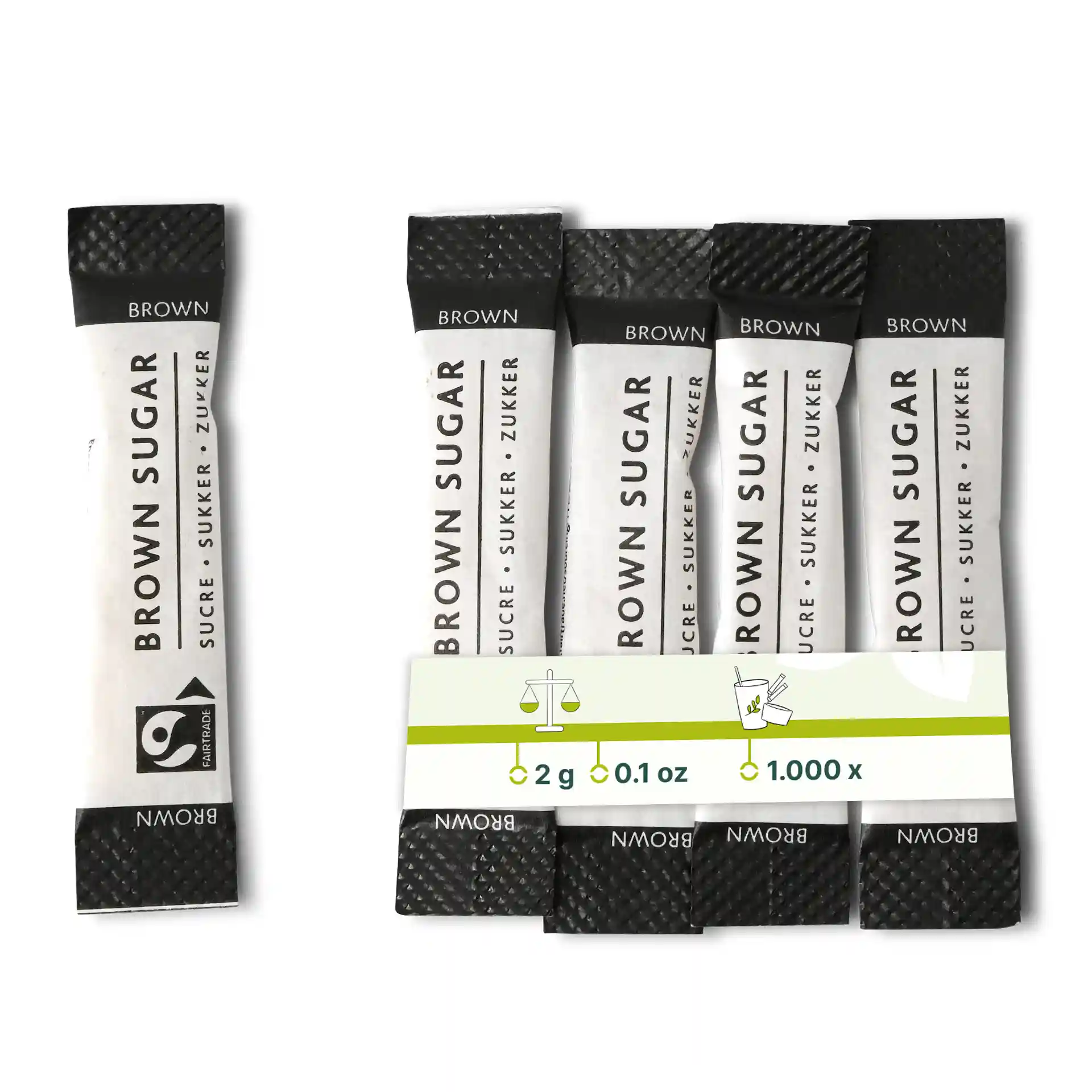 Bild von mehreren braunen Zuckersticks mit schwarzen Enden, die ein Etikett mit Gewicht und Menge zeigen.