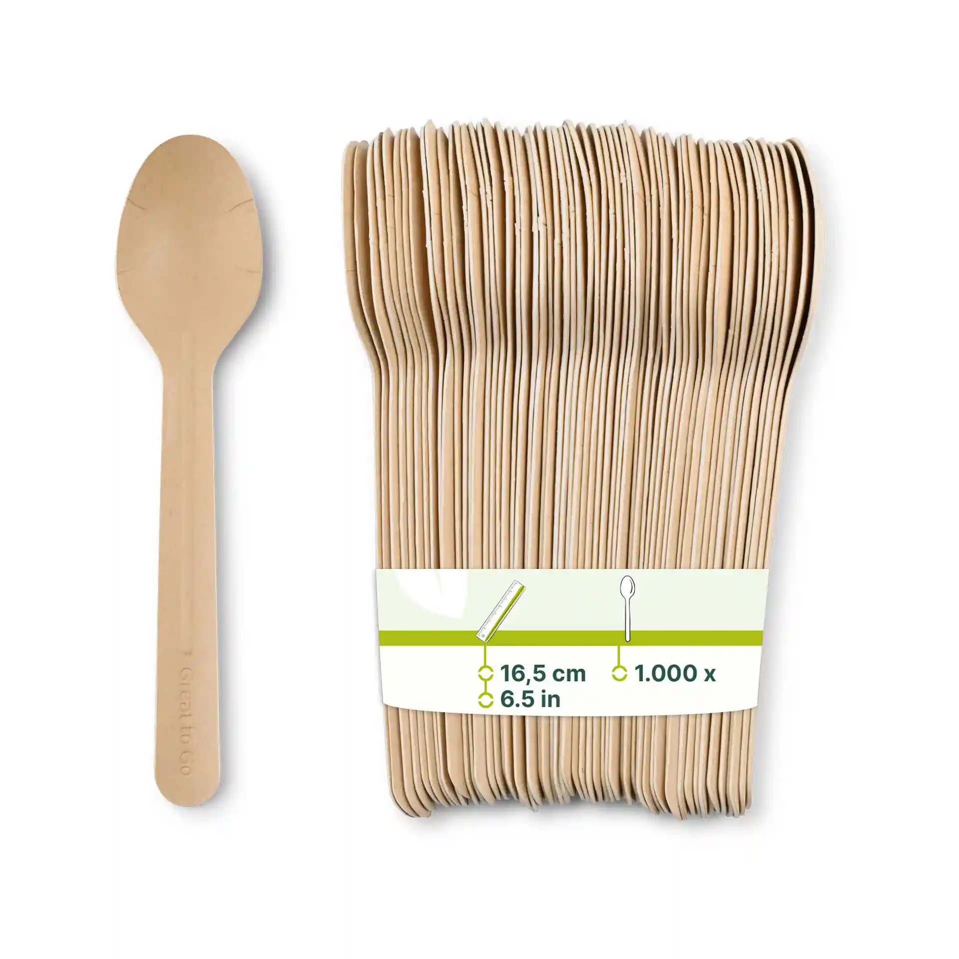 Brown paper spoons, 16.5 cm long, displayed with a stack of multiple spoons and a label showing product details.