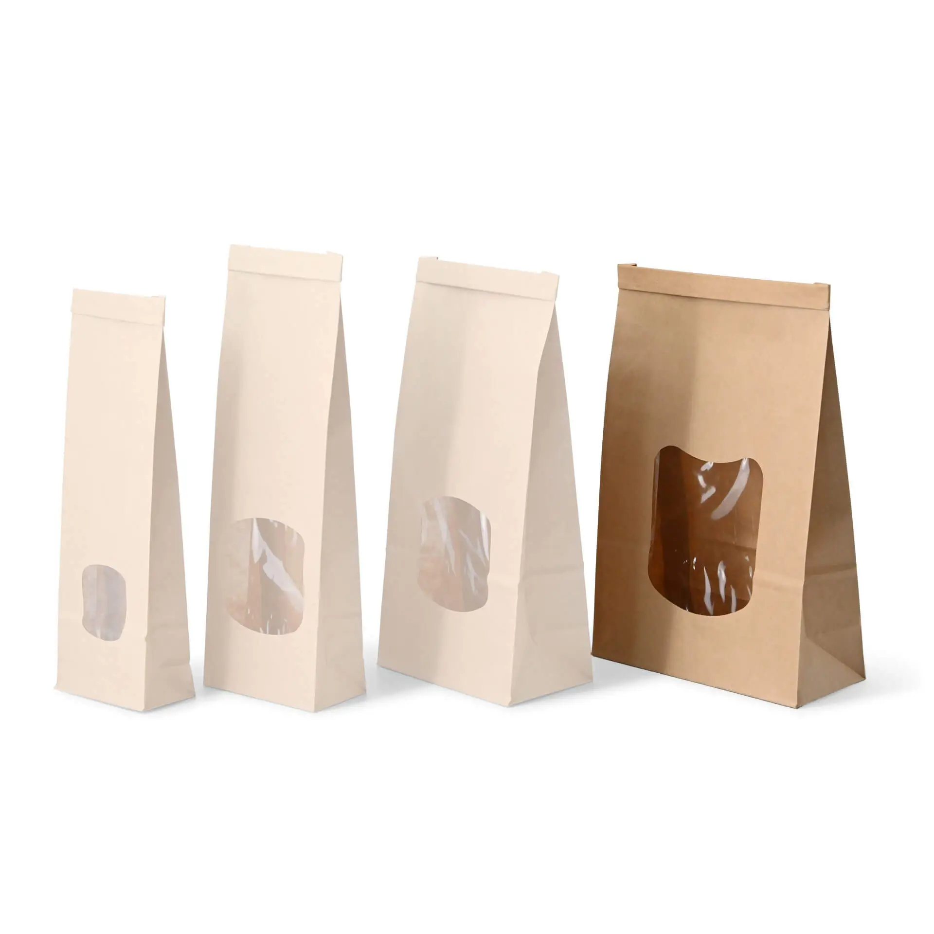 Blockbeutel m. Fenster L, 15,5 x 7 x 24 cm, PP-Folie, braun, Clipband, Kraftpapier