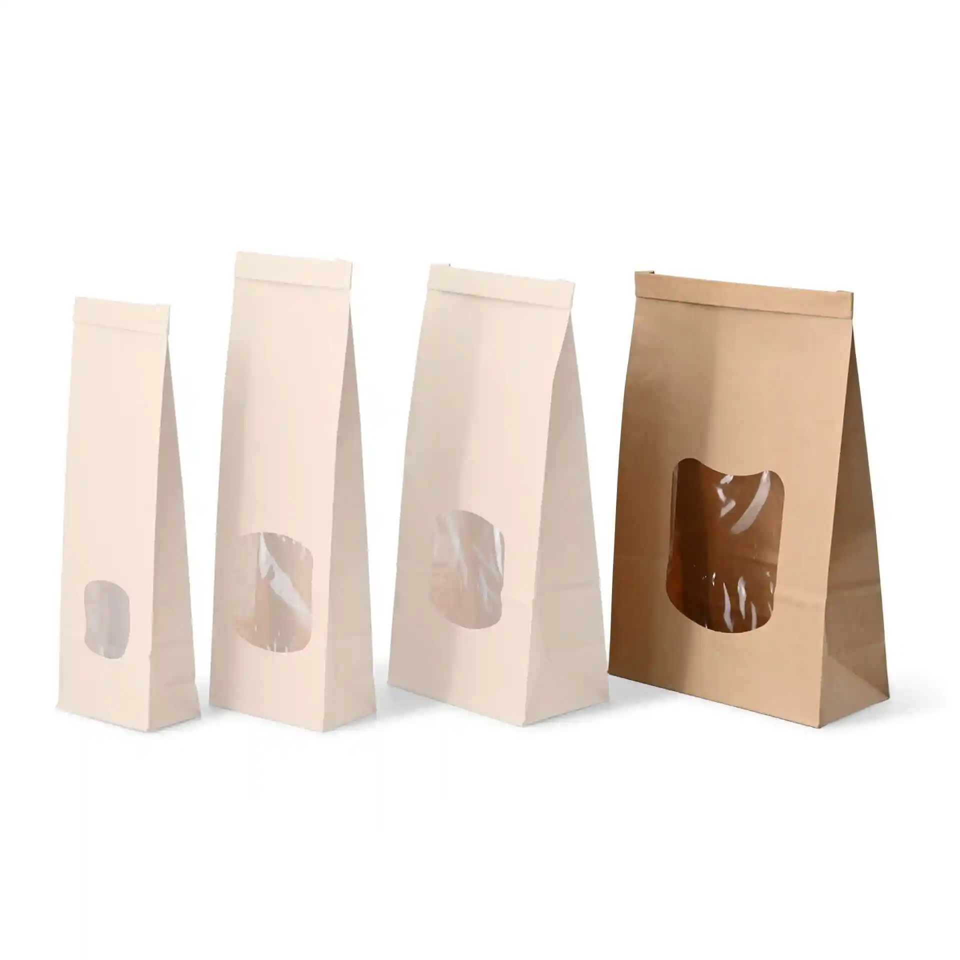 Four block bottom bags with windows, two in cream and two in brown kraft paper, varying in size.