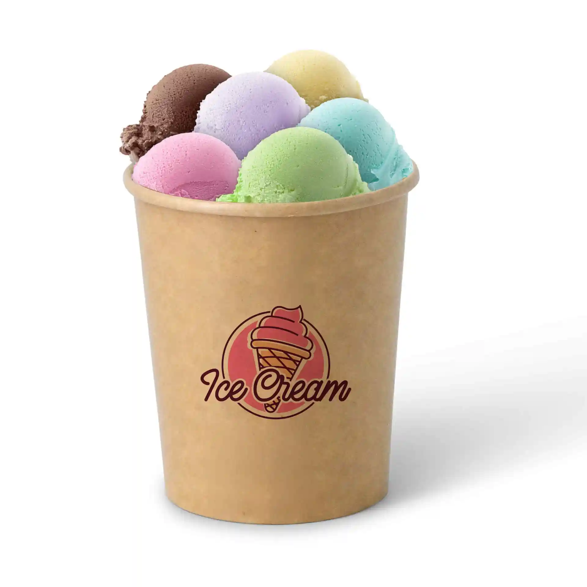 Round brown cardboard cup filled with multiple scoops of ice cream in various colors, featuring an ice cream logo.