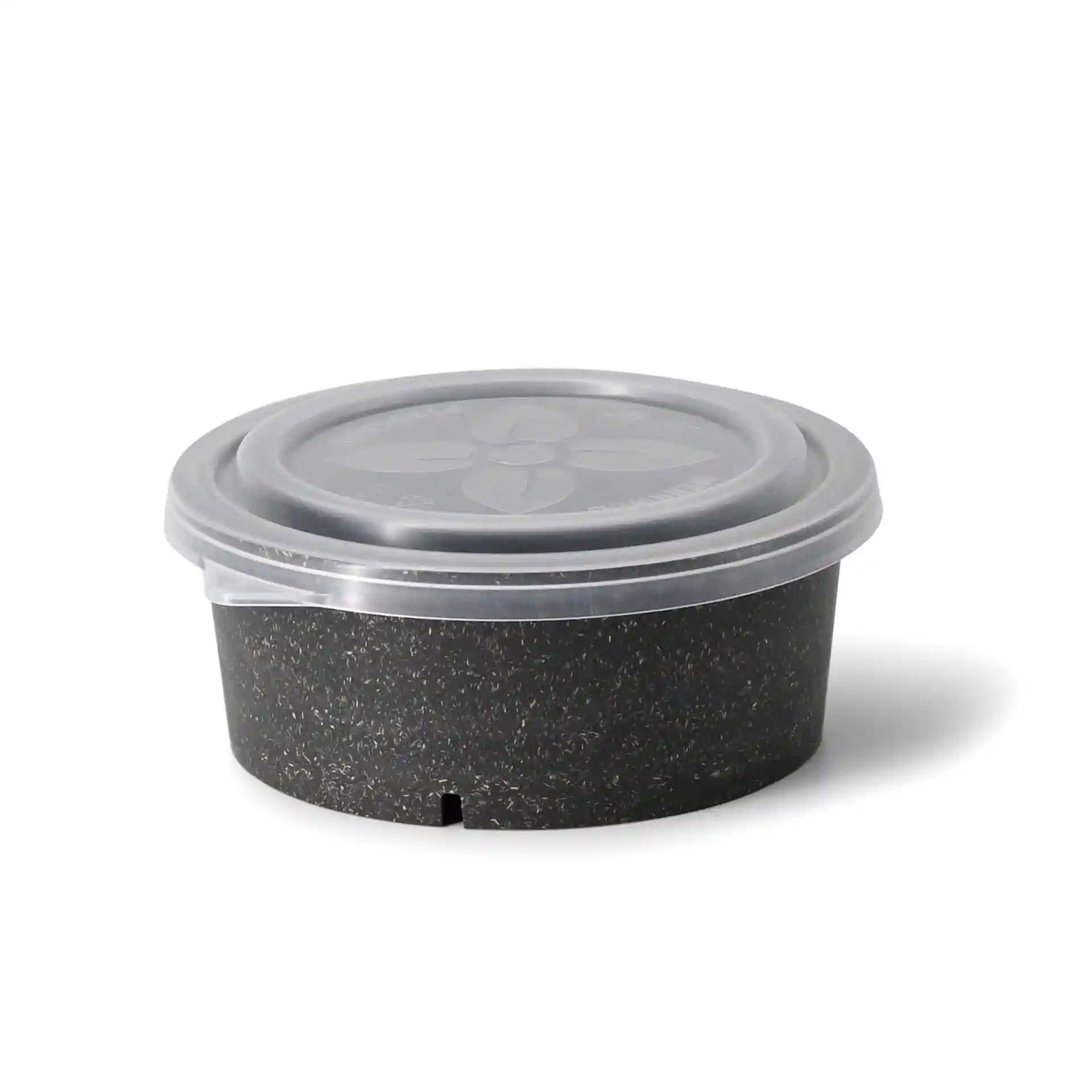 Round bowl with a black base and a transparent lid, measuring 150 mm in diameter.