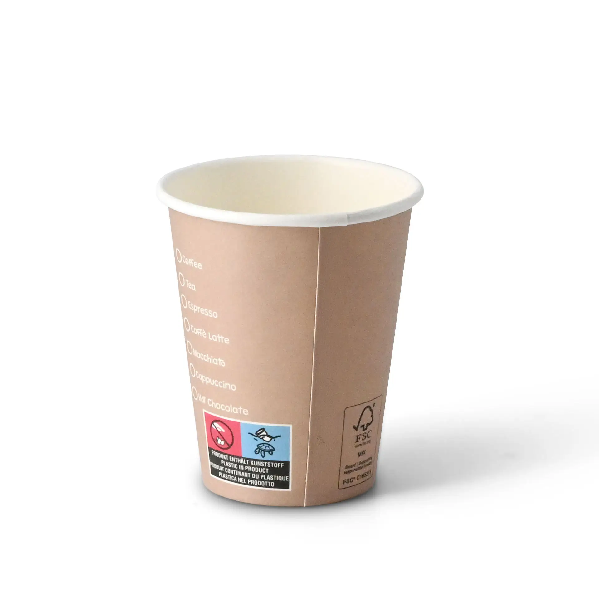 Brauner Pappbecher mit gedruckten Kaffeeoptionen, runde Form und weißem Innenraum, 8 oz Fassungsvermögen.