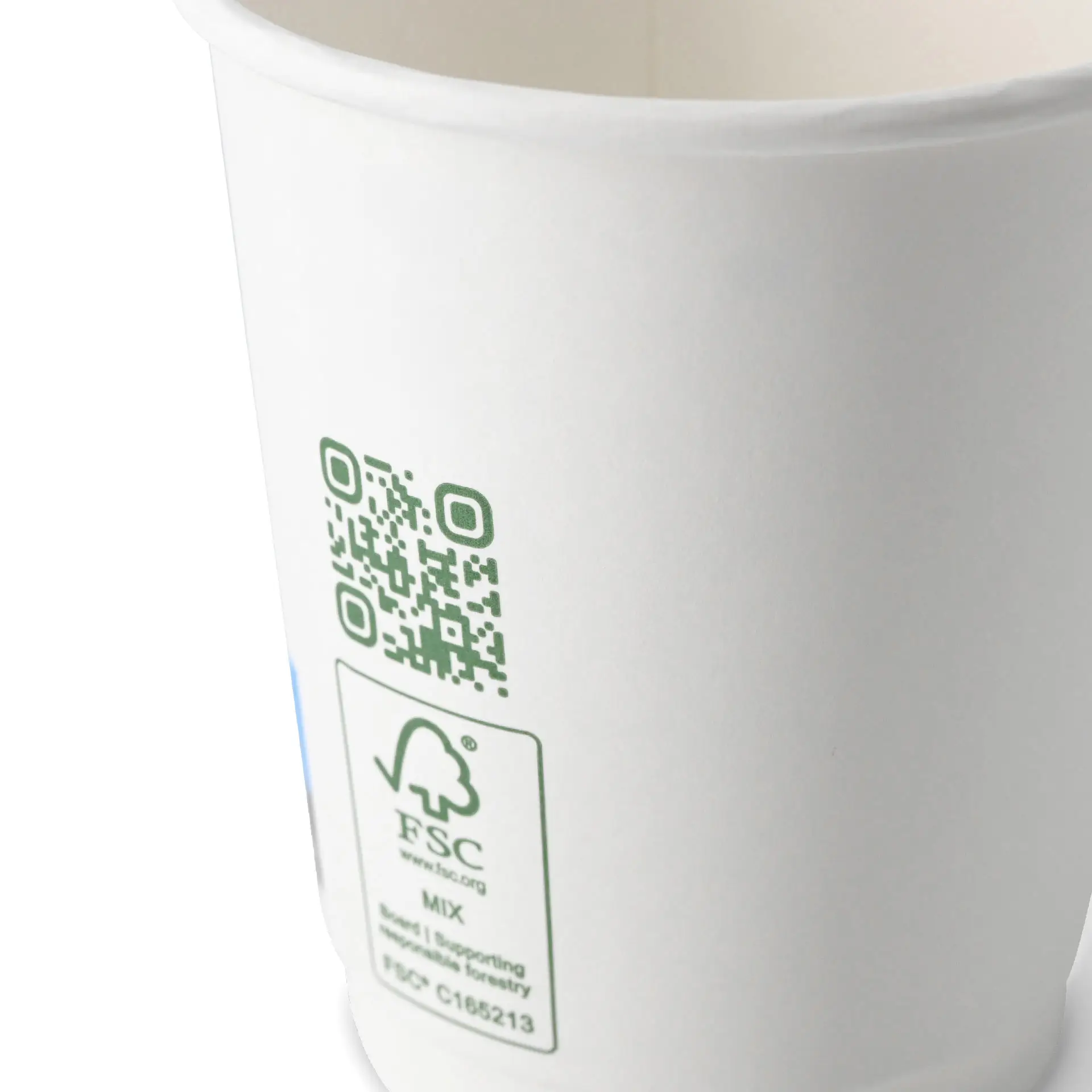 White double wall coffee cup with a diameter of 80 mm, featuring a QR code and an FSC label on the side.