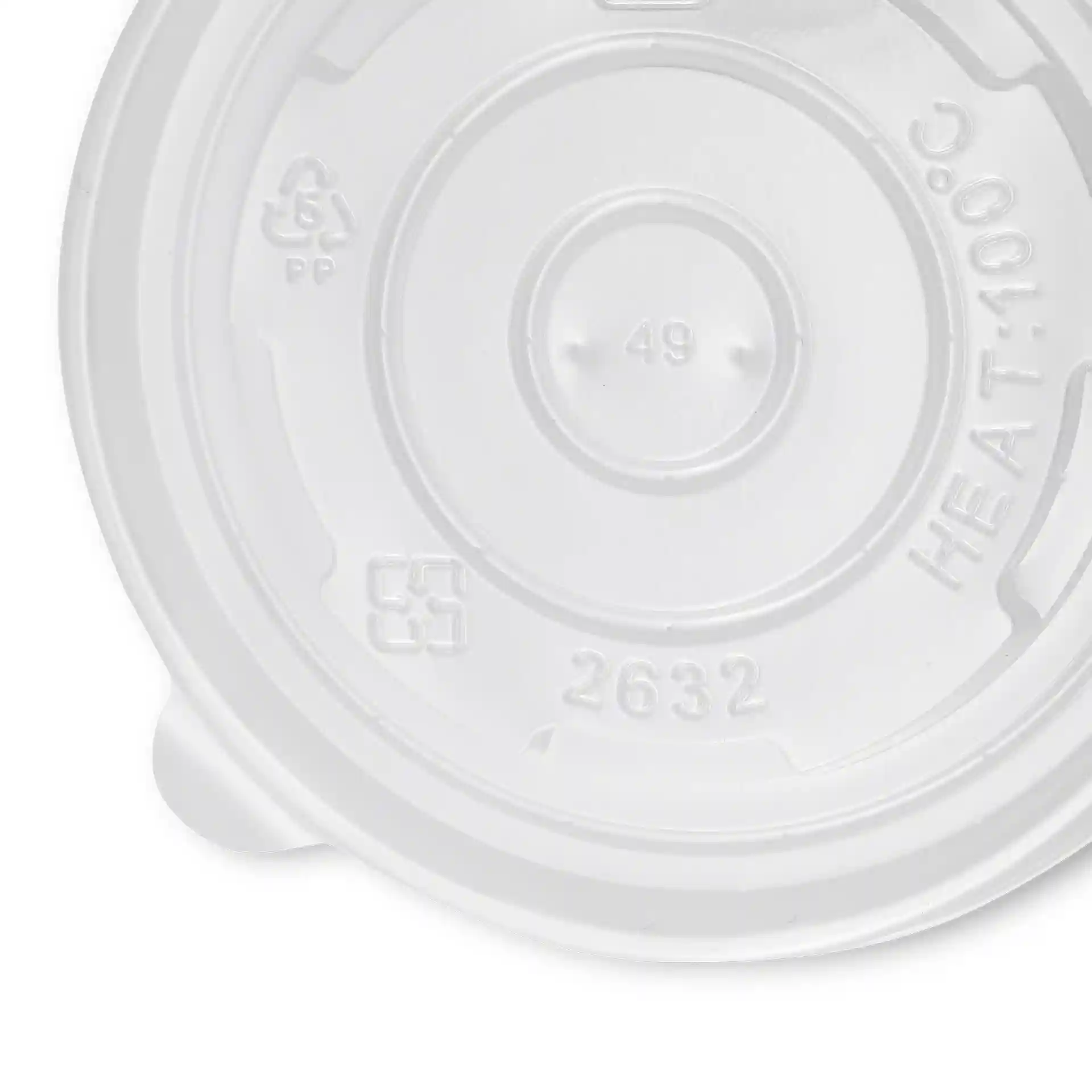 Transparent round polypropylene lid with a diameter of 90 mm, featuring markings on the surface.