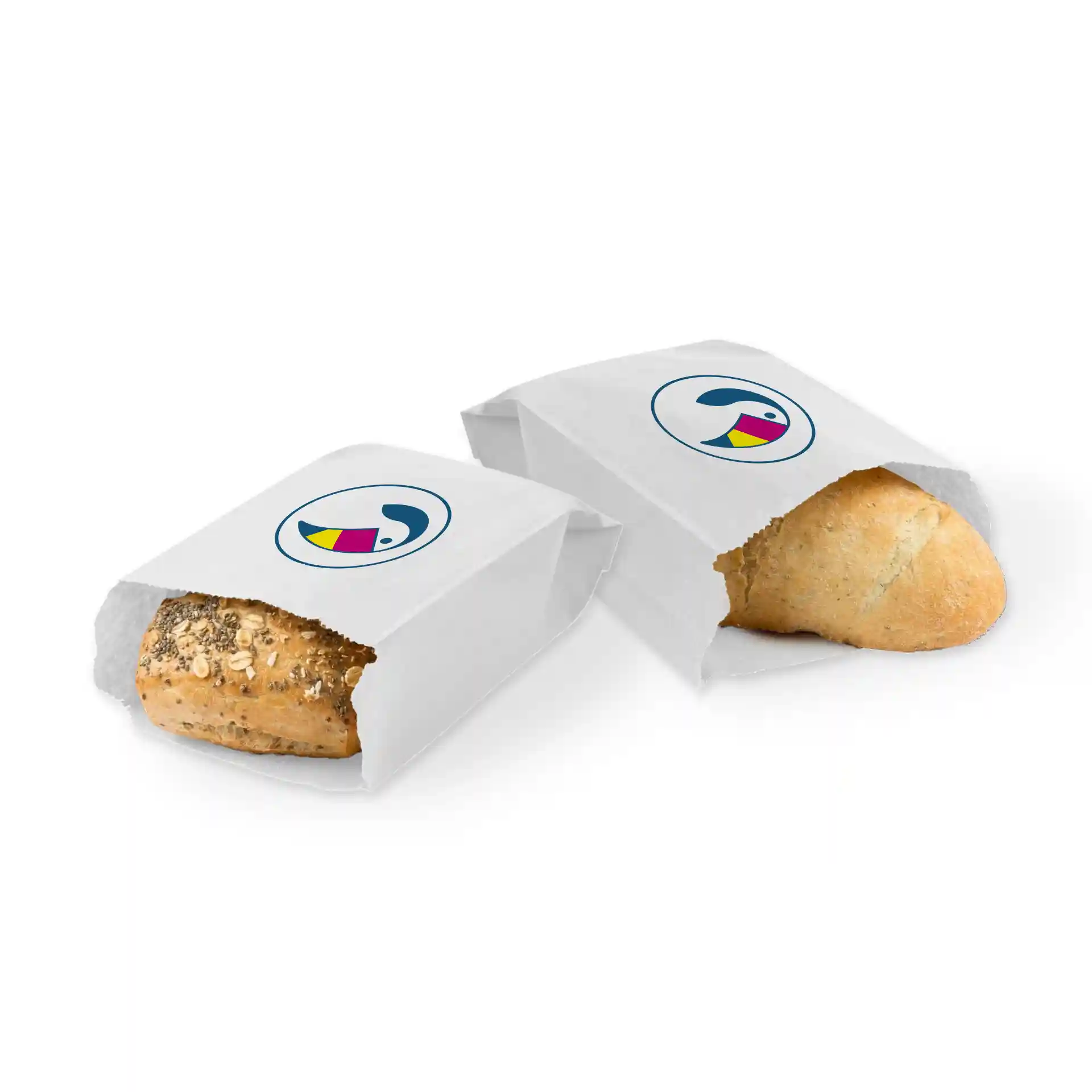Two printed white bread bags with a logo, one containing a seeded roll and the other a plain roll.