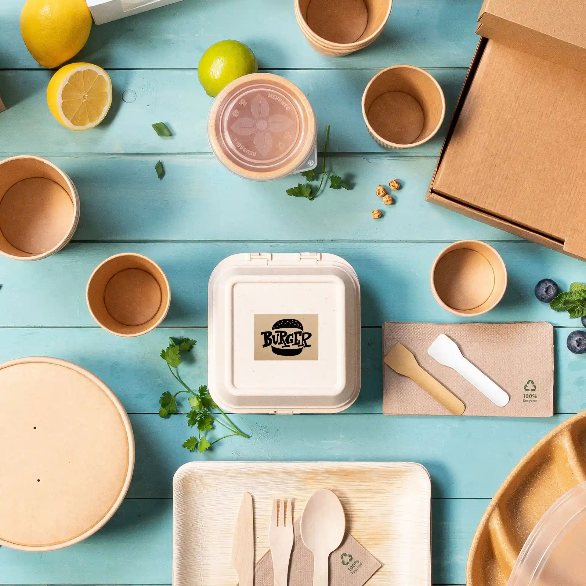 Image of various disposable food containers, utensils, and fresh ingredients on a blue wooden surface.