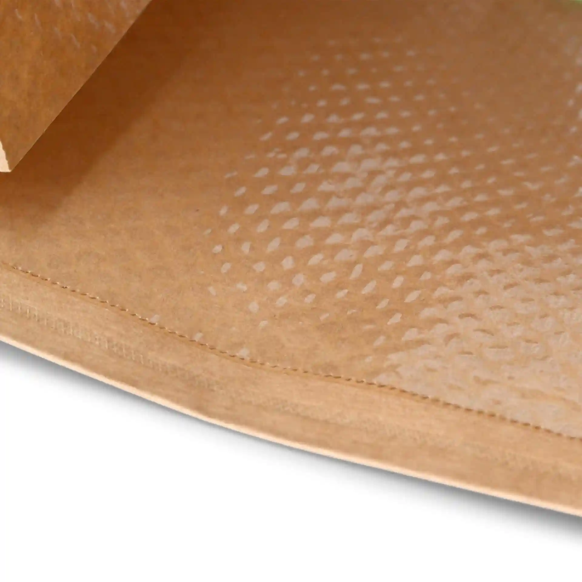 Close-up of a brown block bottom bag with a window, featuring a textured surface and a tin tie closure.