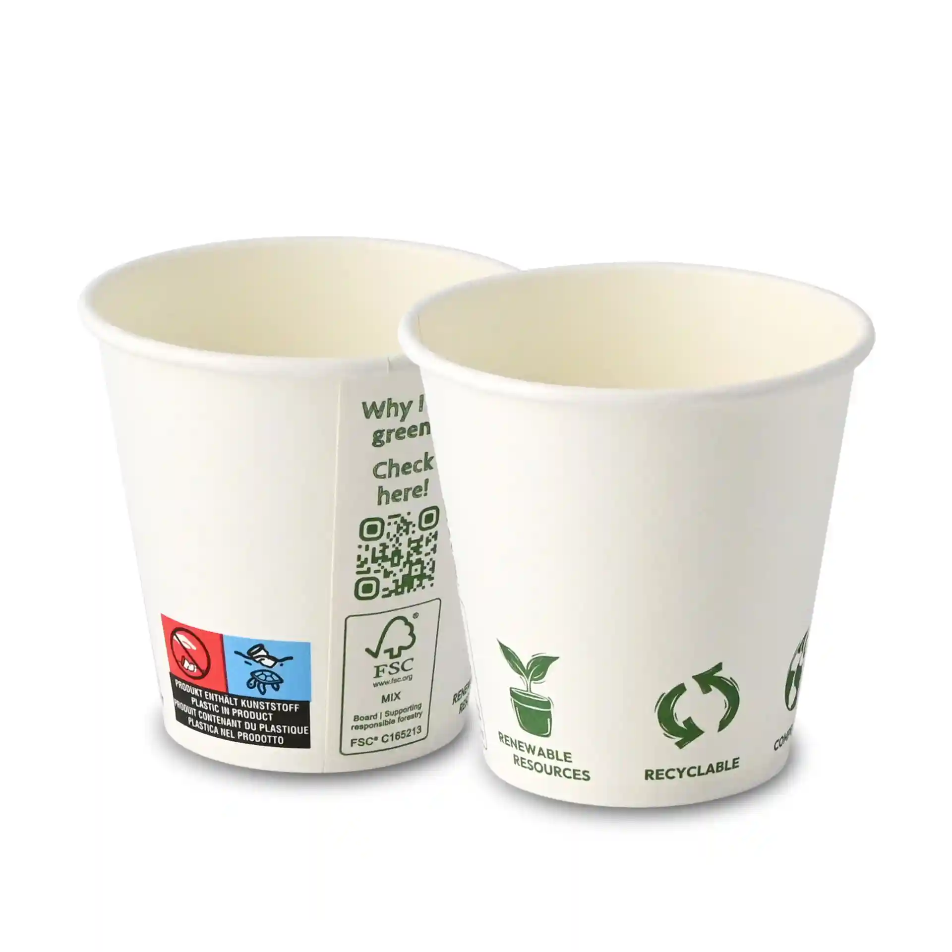 Weiße Becher mit einfacher Wand, mit umweltfreundlichen Symbolen und einem QR-Code an der Seite.
