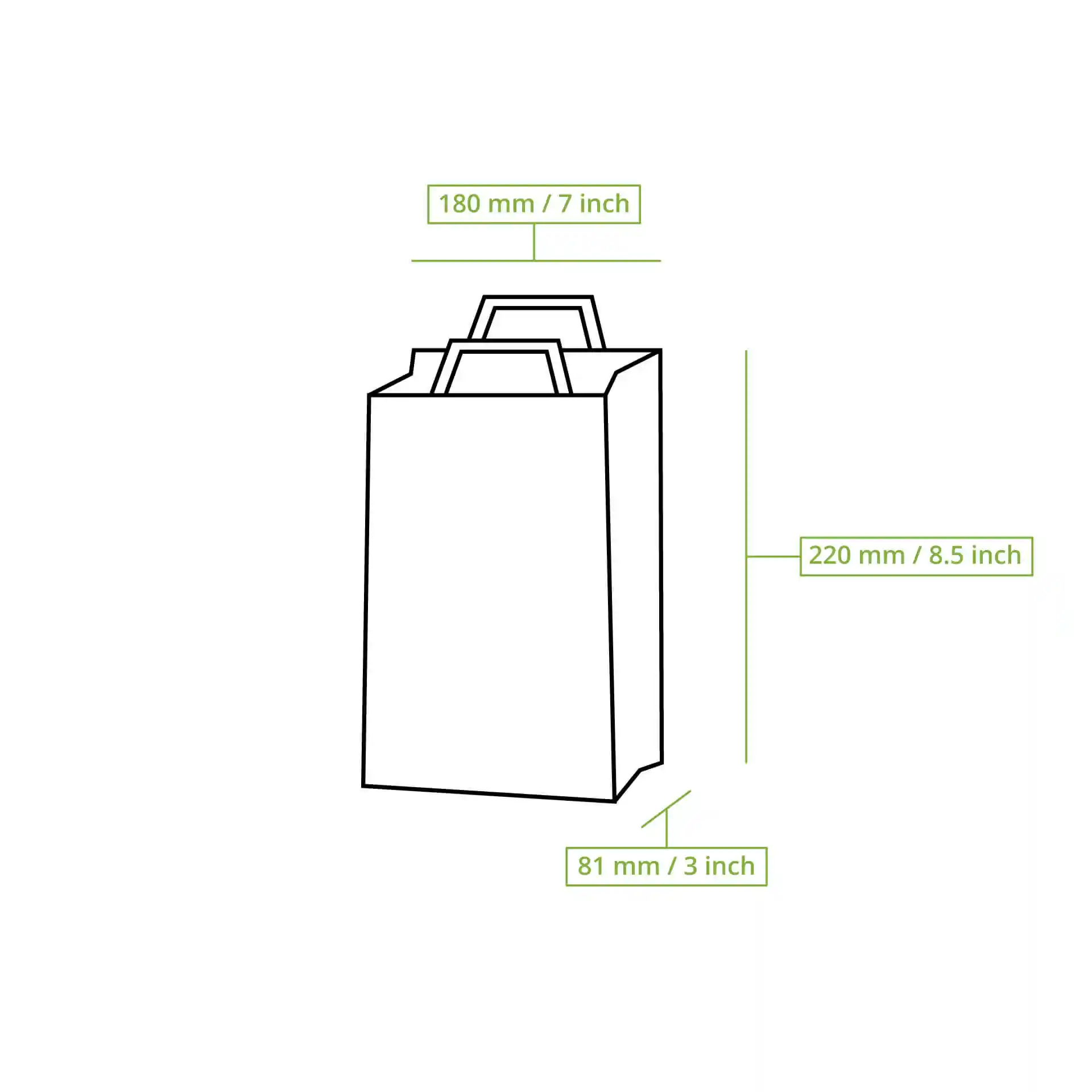 Schematische Zeichnung einer weißen Kraftpapiertüte mit beschrifteten Abmessungen: 180 mm Länge, 220 mm Höhe, 81 mm Breite.