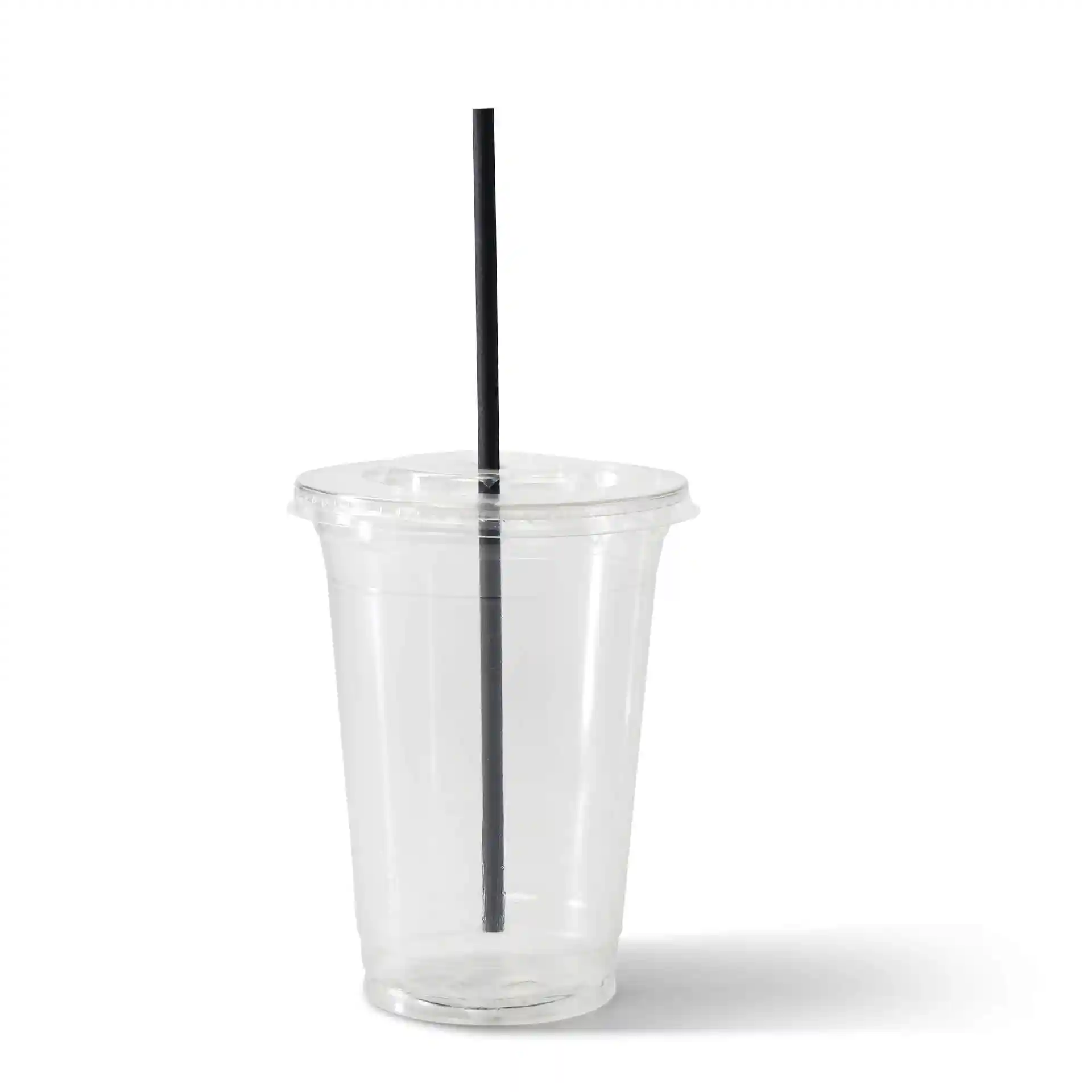Clear plastic cup with a black straw inserted, featuring a lid on top.