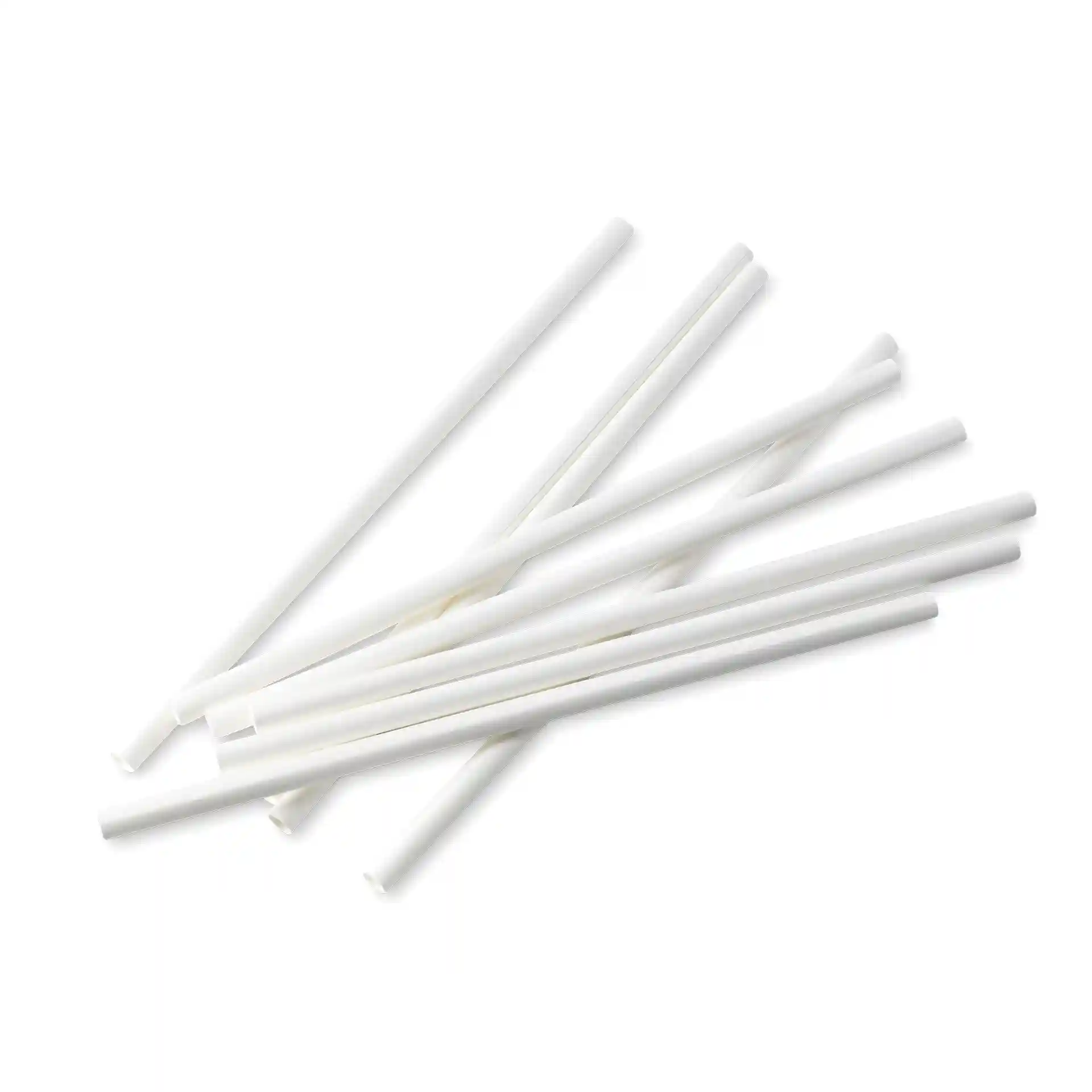 White jumbo drinking straws, 23 cm long and 0.8 cm wide, arranged on a plain background.