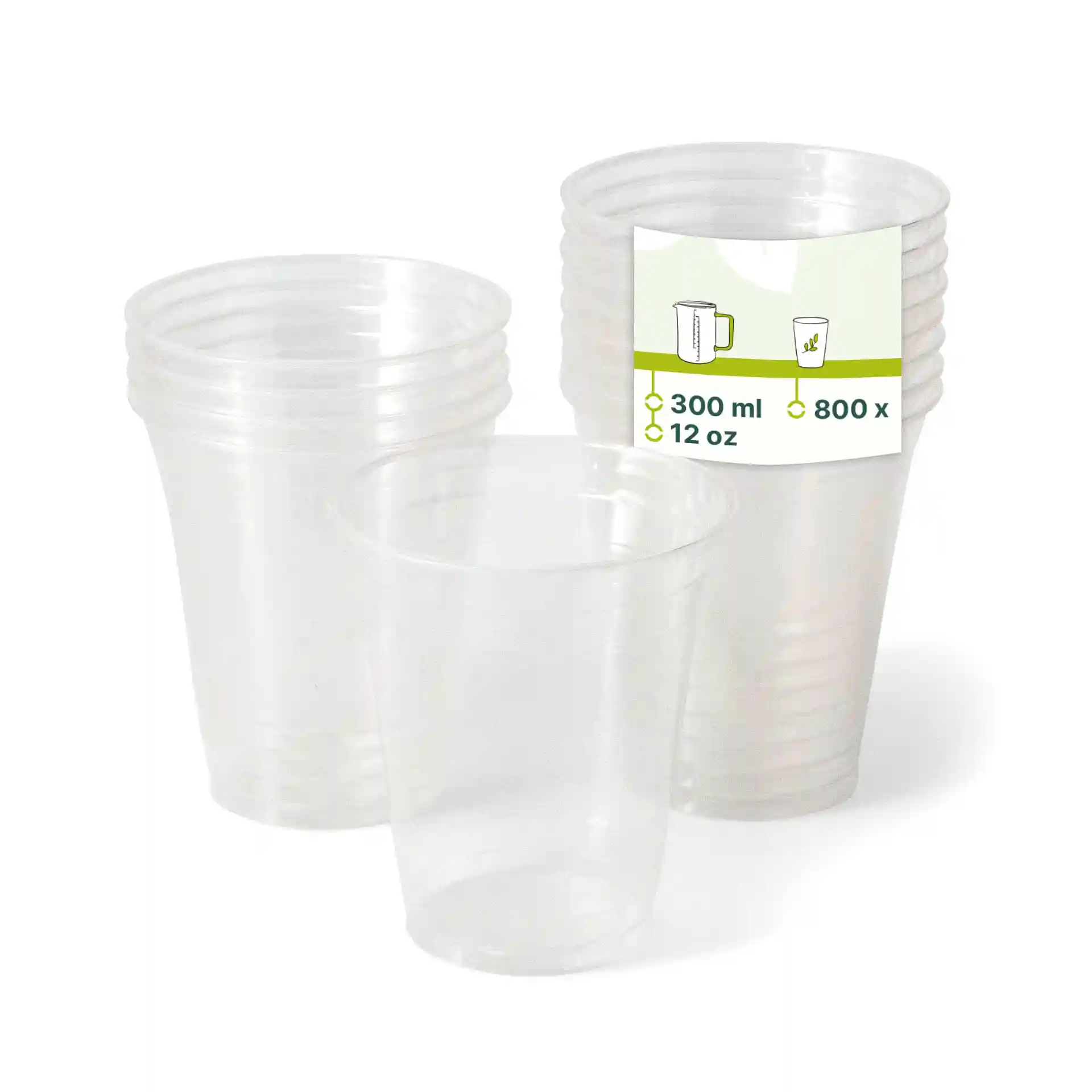 Transparent plastic cups stacked with one cup in front, showing a label indicating 300 ml capacity and 800 count.