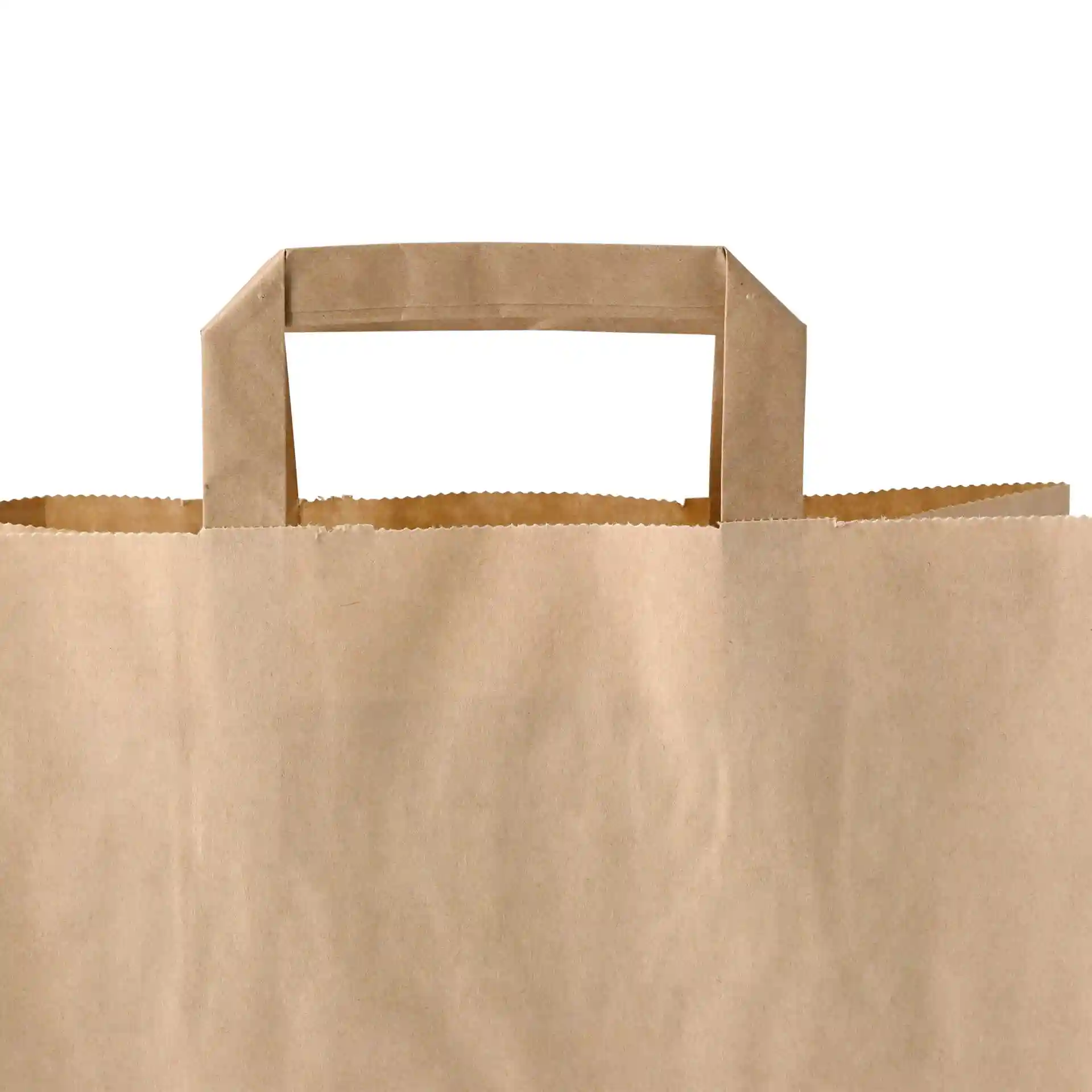 Brown paper carrier bag with a rectangular handle, showing the top edge and part of the bag.