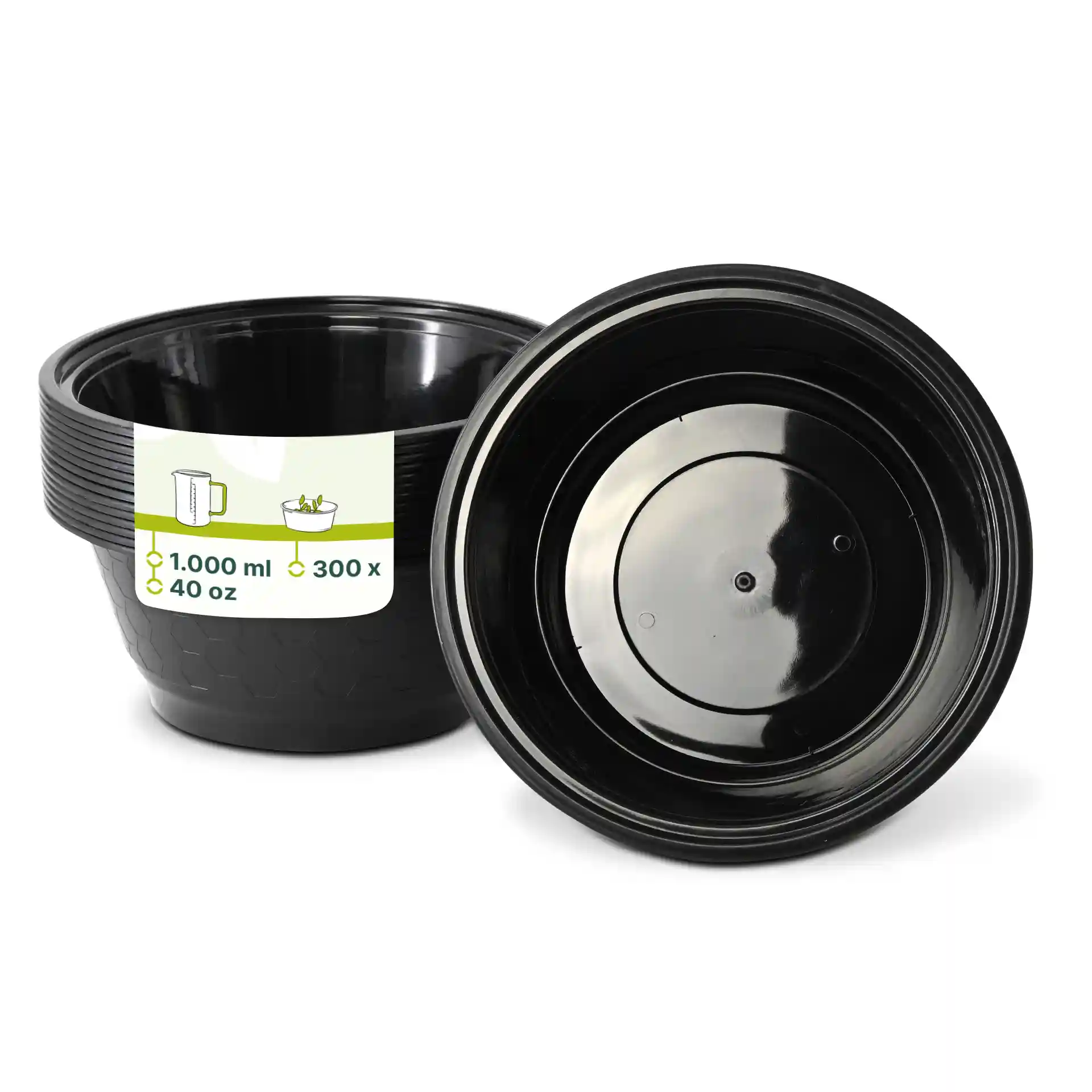 Schwarzer wiederverwendbarer Behälter mit einem Fassungsvermögen von 1000 ml, tiefes Design und sichtbarem Innenraum.