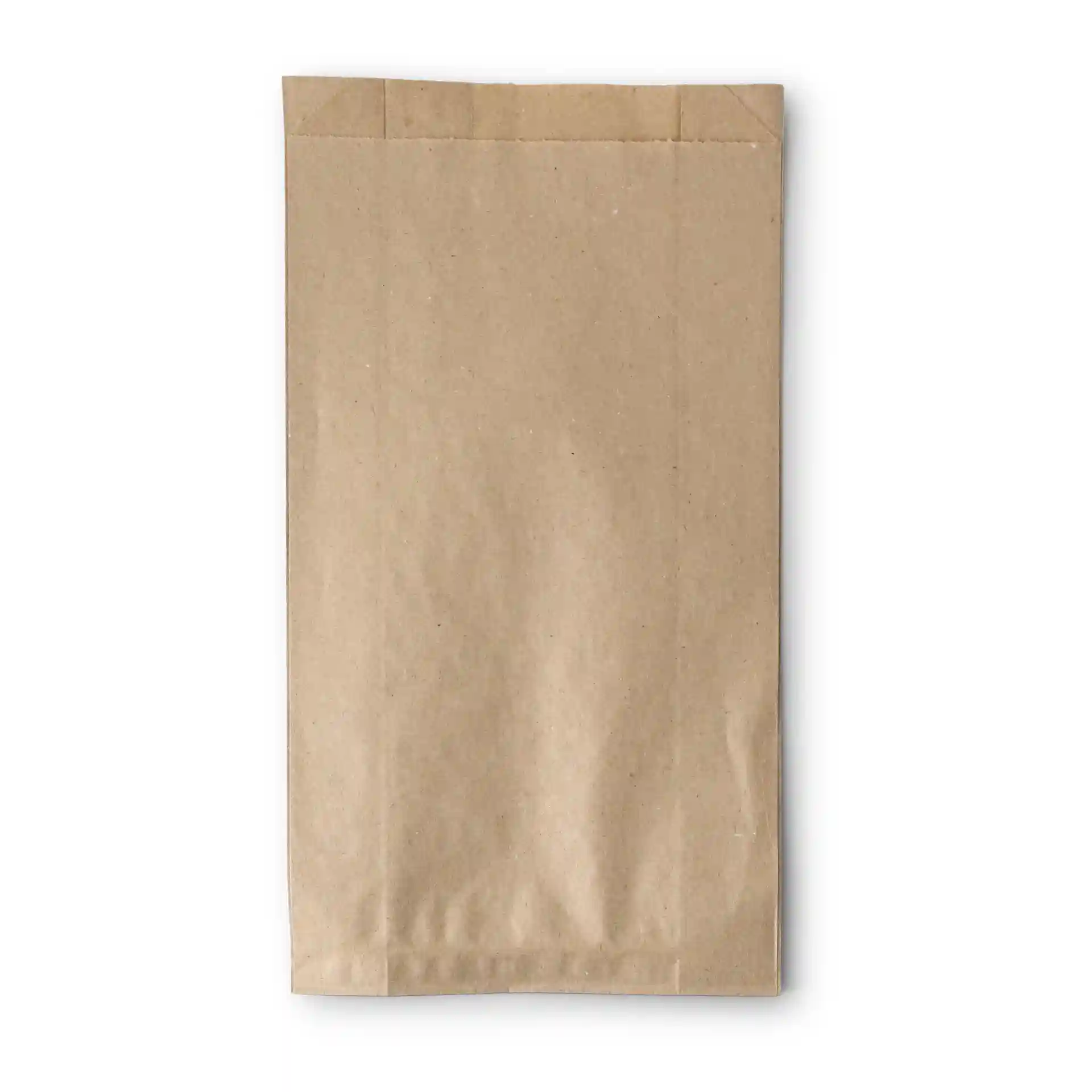 Brown flat paper bag measuring 15 x 6 x 29 cm, with no coating or viewing window.