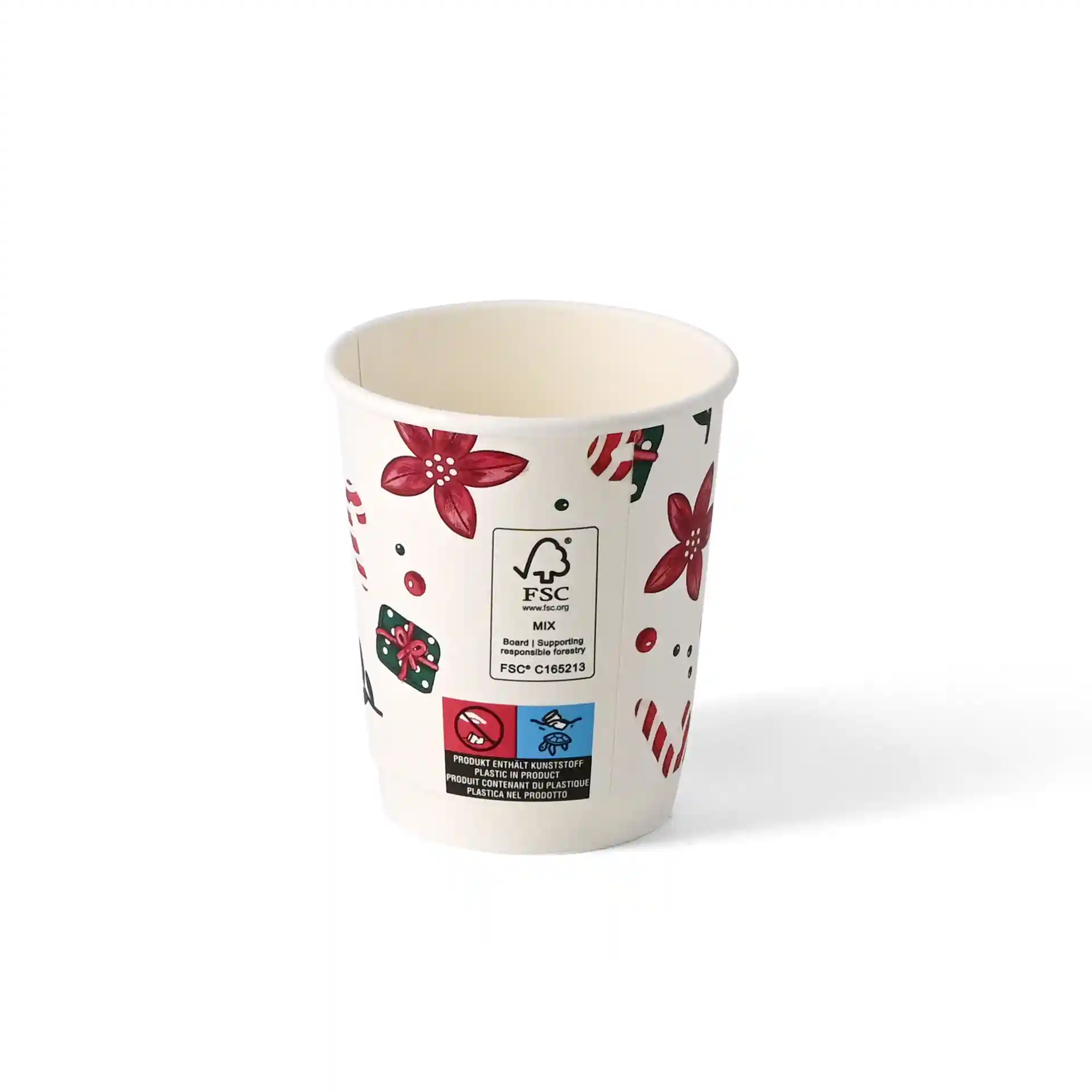 Double-wall coffee cup with winter design, 200 ml capacity, white, 90 mm height, and 80 mm diameter.