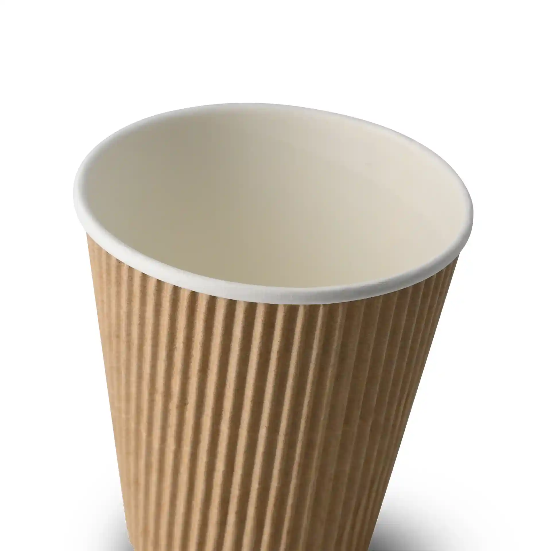 Brauner gerippter Becher mit weißem Innenraum, 10 oz Größe, 100 mm hoch und 90 mm Durchmesser.