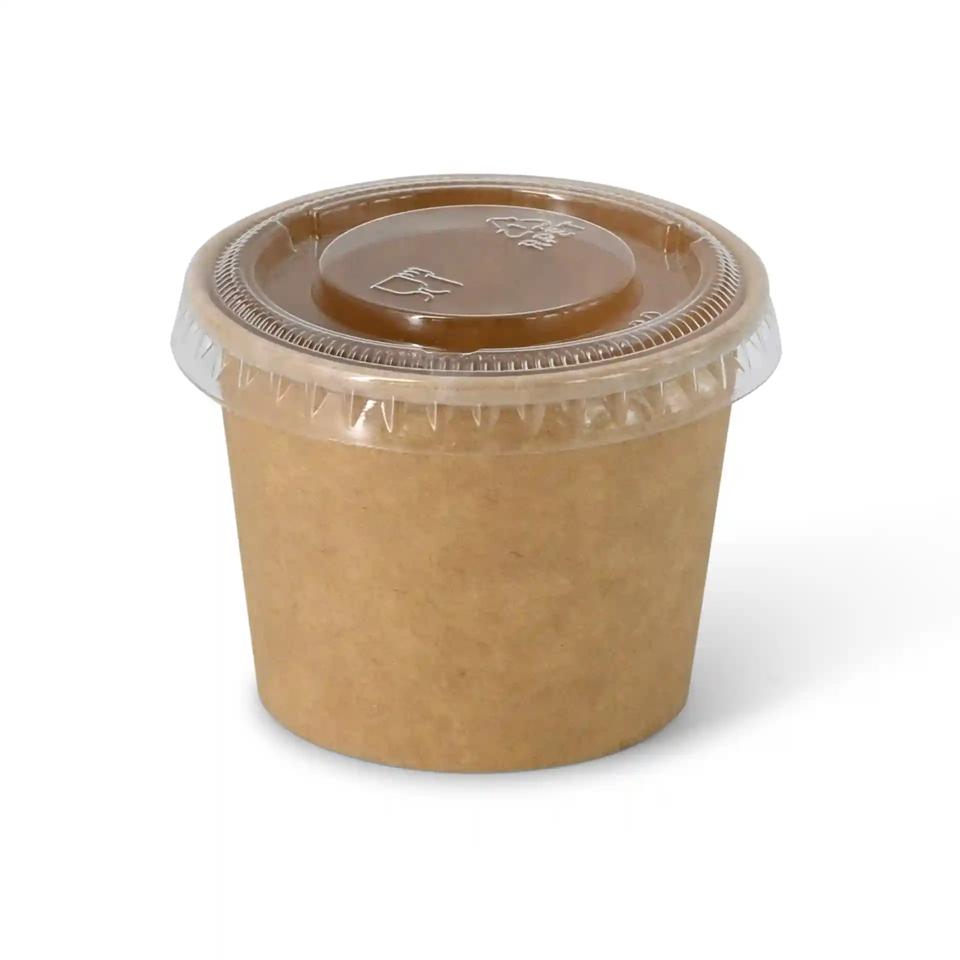 Brauner Papierbecher mit klarem Plastikdeckel, 50 ml Fassungsvermögen, ungebleicht, Durchmesser 62 mm.