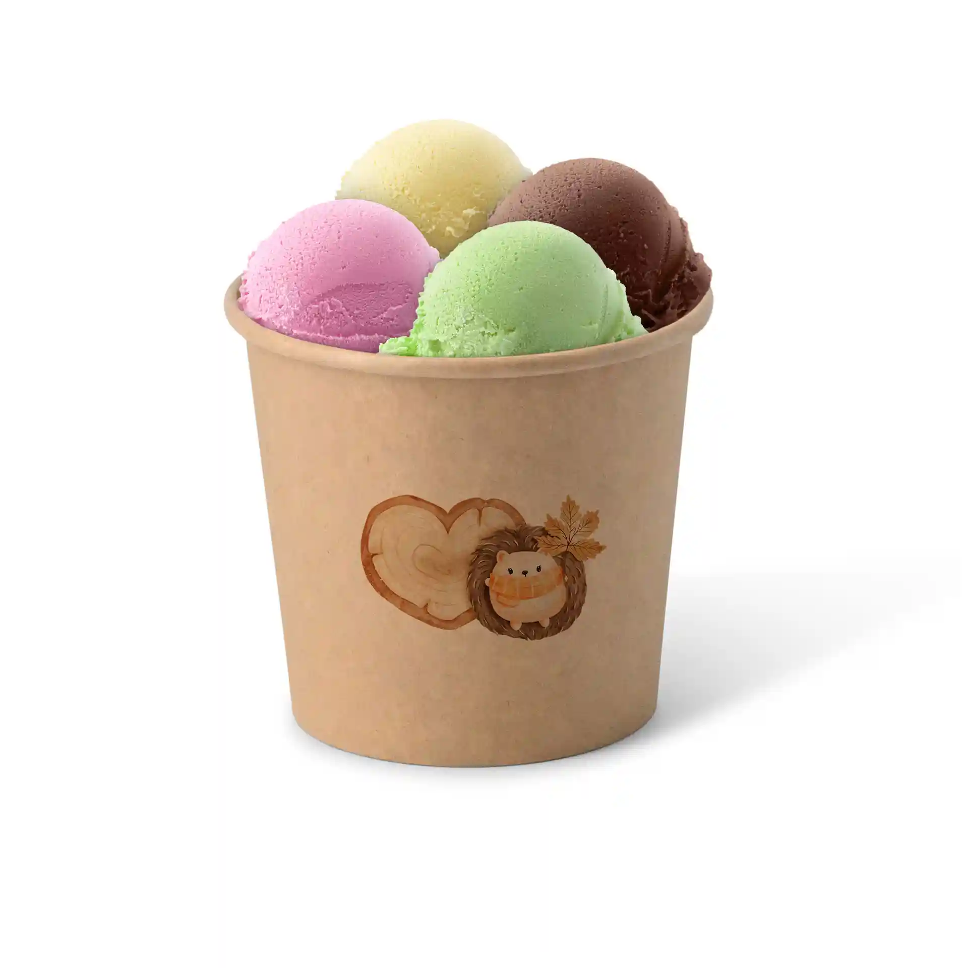 Round brown cardboard cup filled with four scoops of ice cream: pink, green, yellow, and brown.