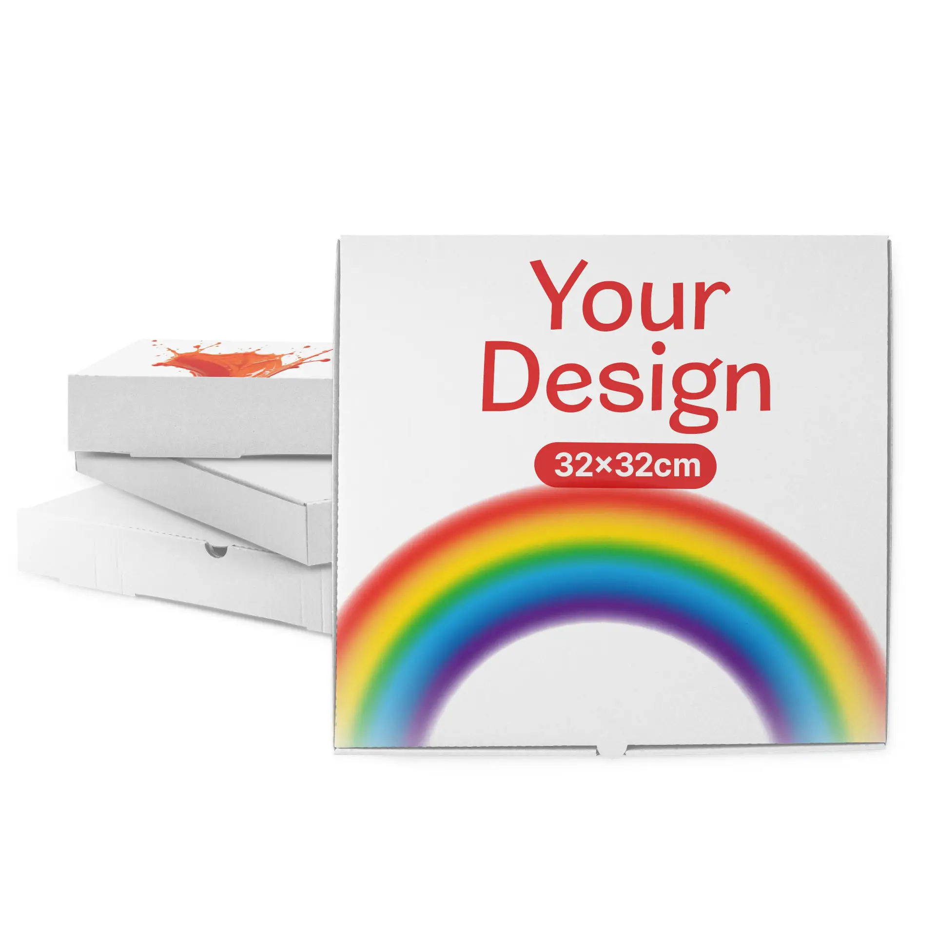 Weiße Pizzaschachtel mit Regenbogen-Grafik und Platz für individuelles Design, 32 x 32 x 4 cm groß.