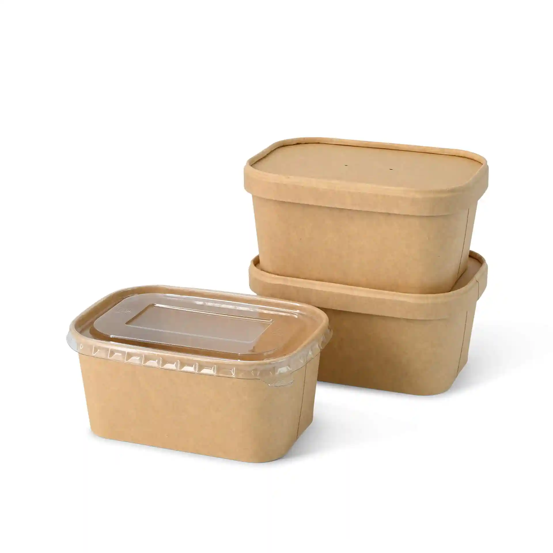 Three rectangular kraft food containers with a transparent lid, varying in size, on a white background.