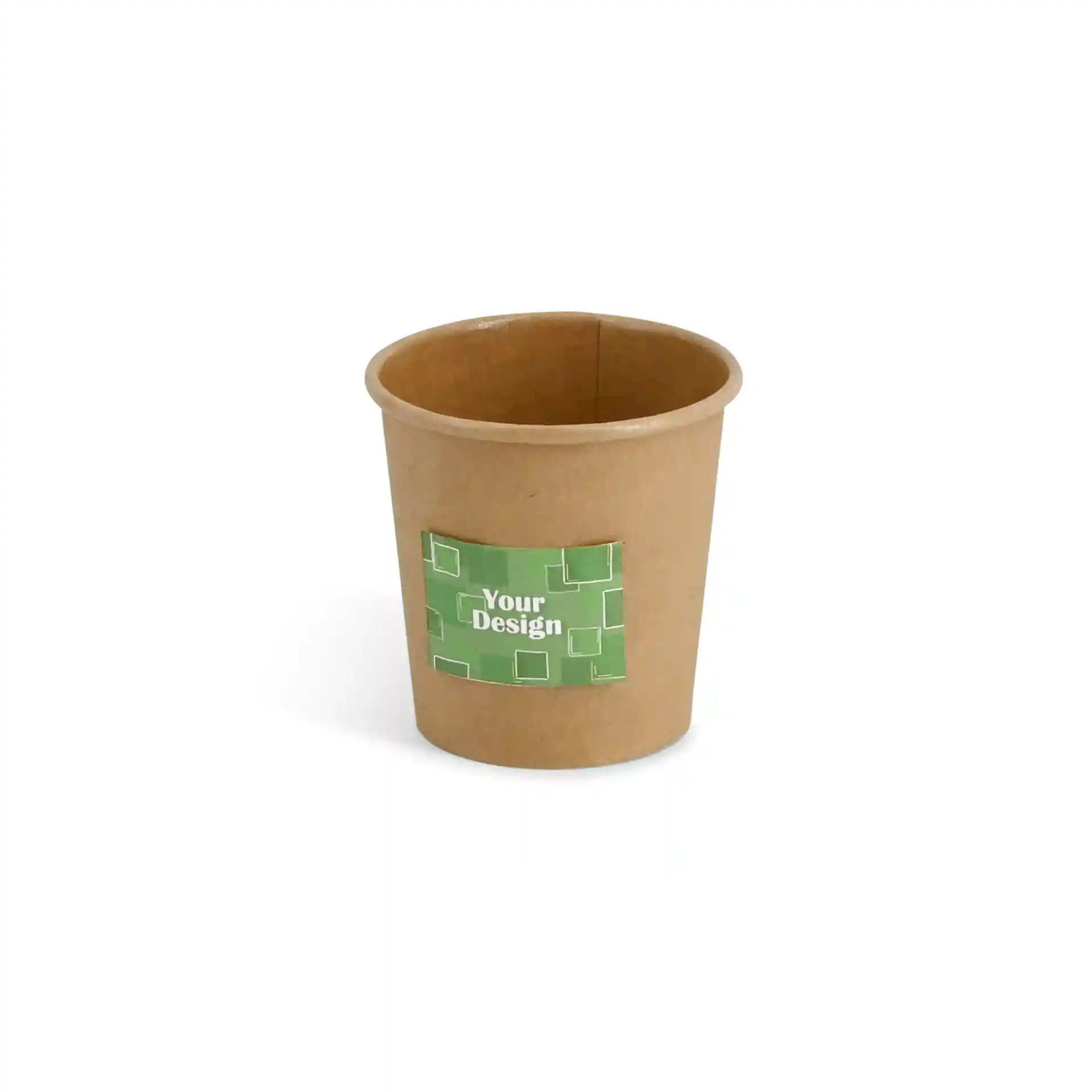 Brown paper cup with a printed green label featuring a design placeholder, on a plain white background.